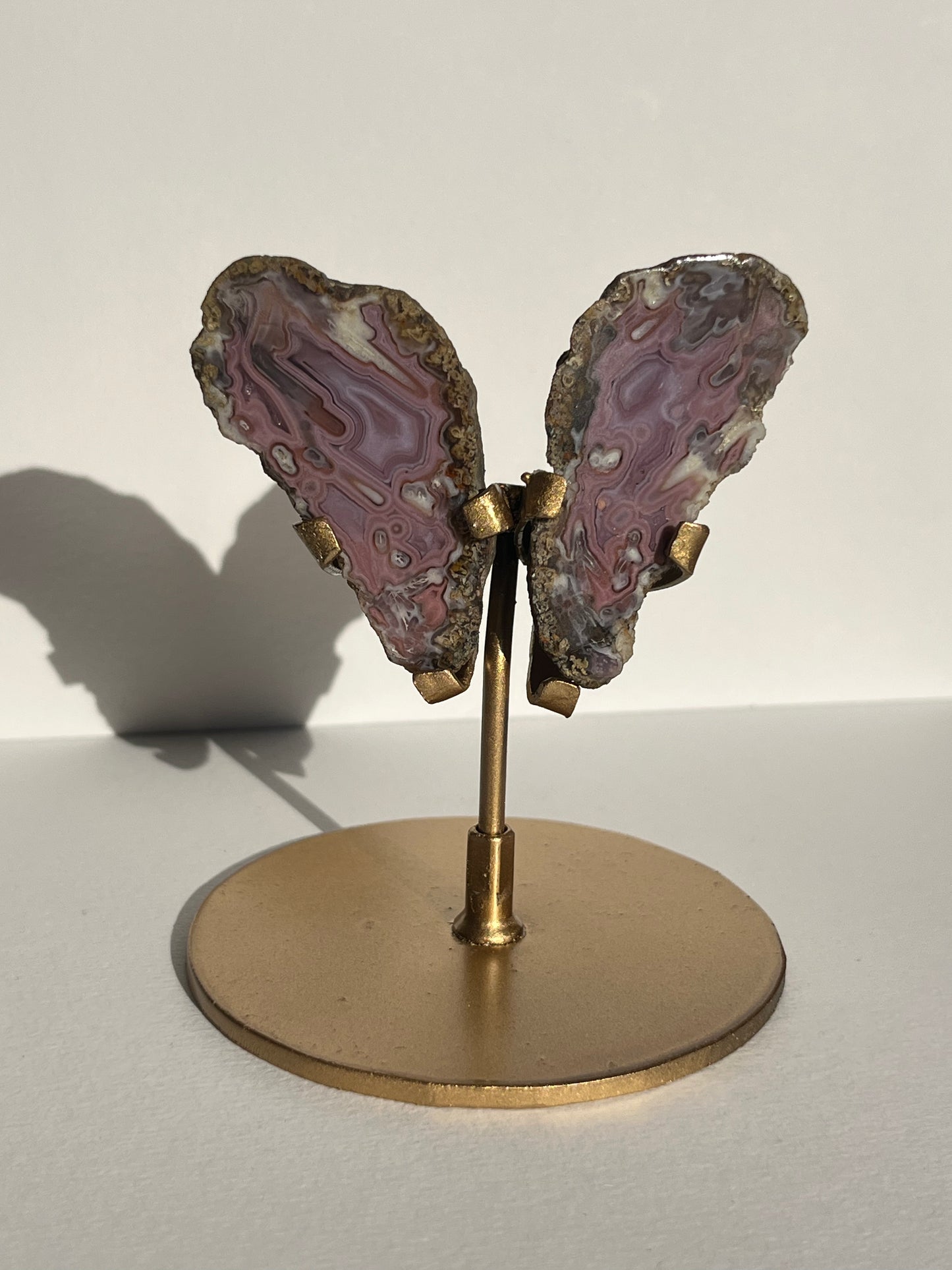 “Fuchsia Blooms” Pink-Purple Laguna Agate Butterfly Pair on Standf