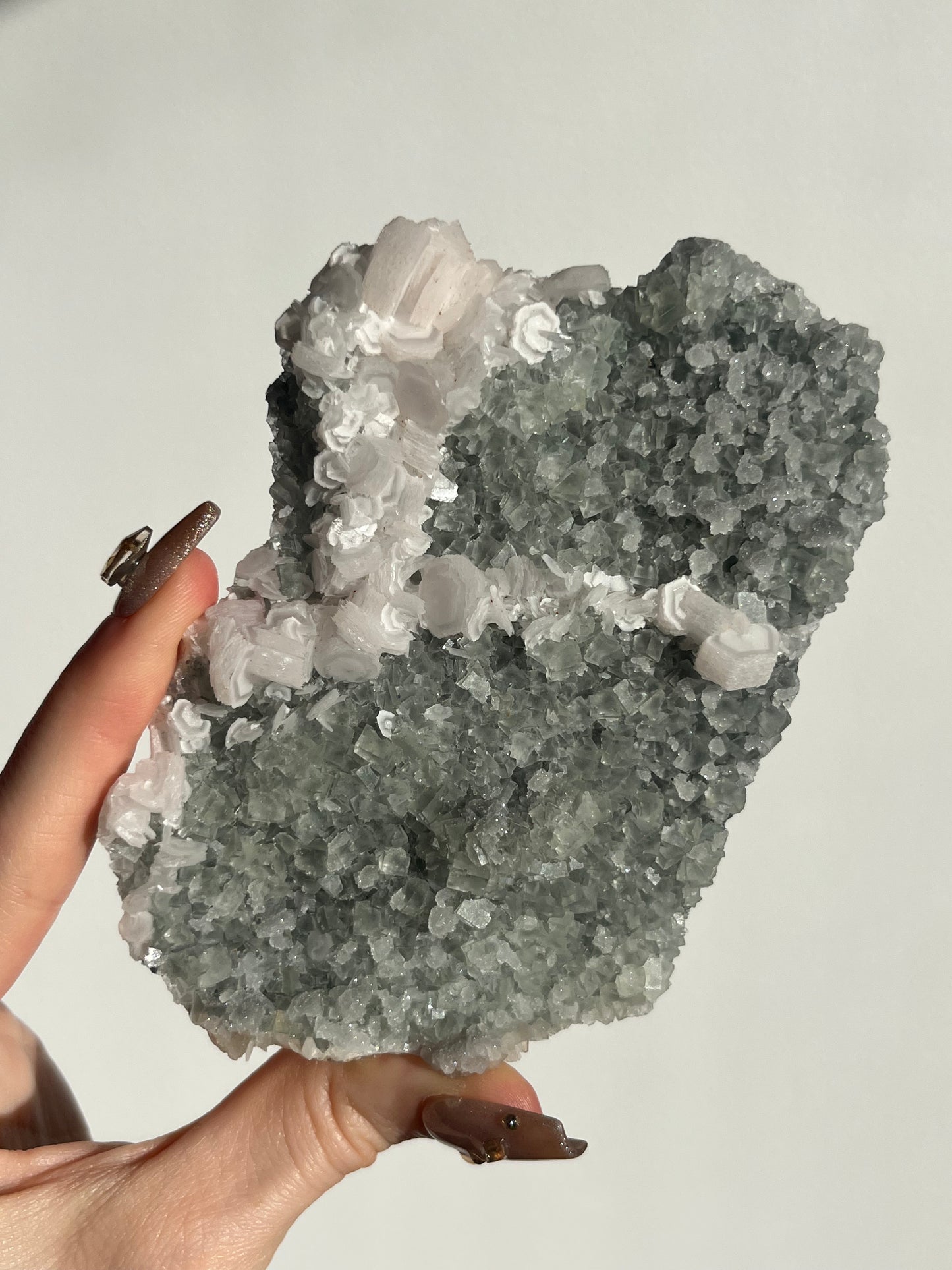 Pink Coin Calcite, Green Fluorite and Quartz Specimen I