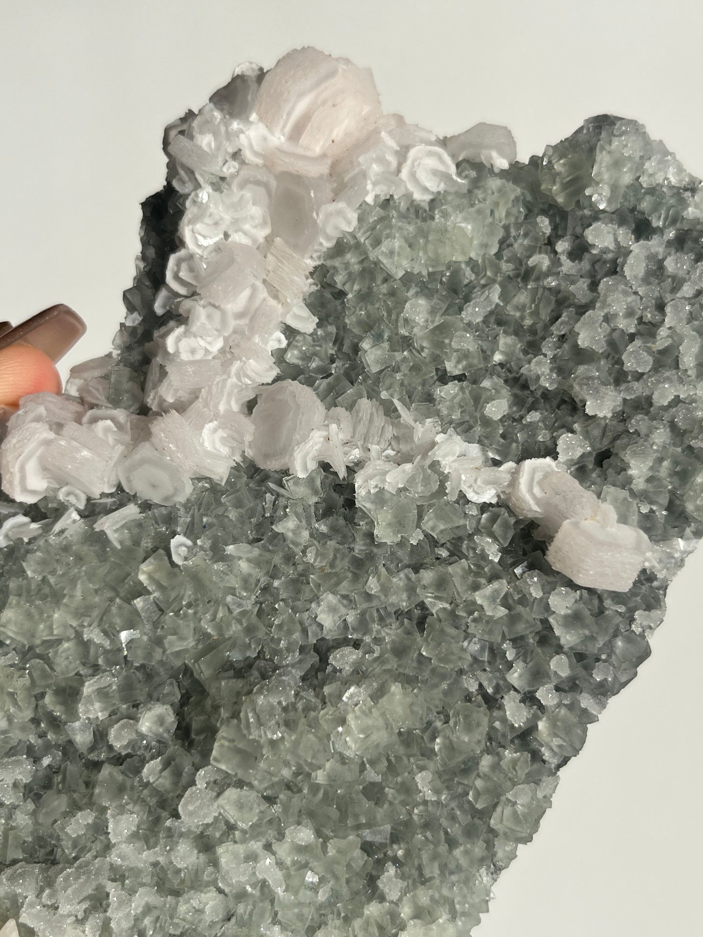 Pink Coin Calcite, Green Fluorite and Quartz Specimen I