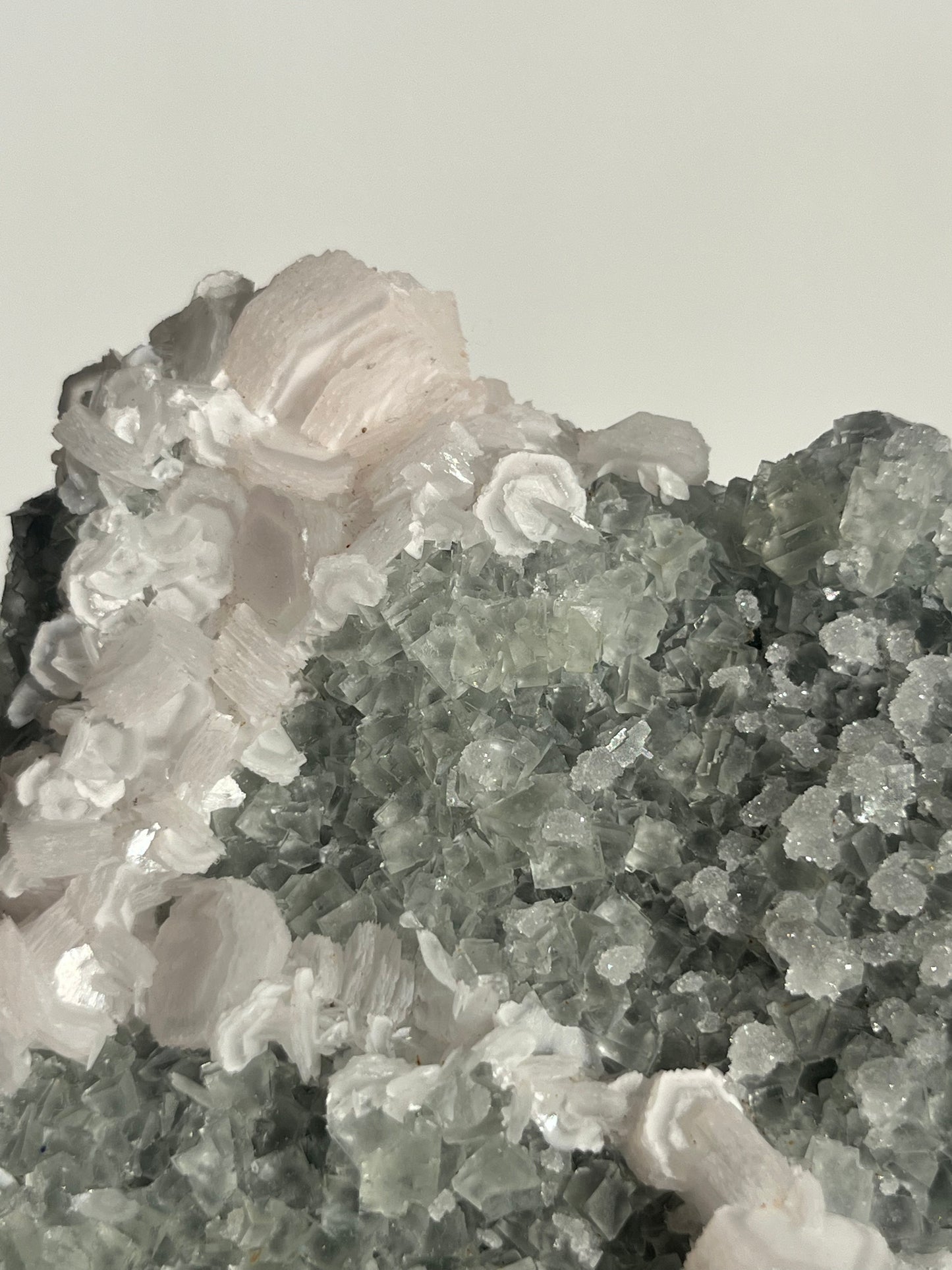 Pink Coin Calcite, Green Fluorite and Quartz Specimen I