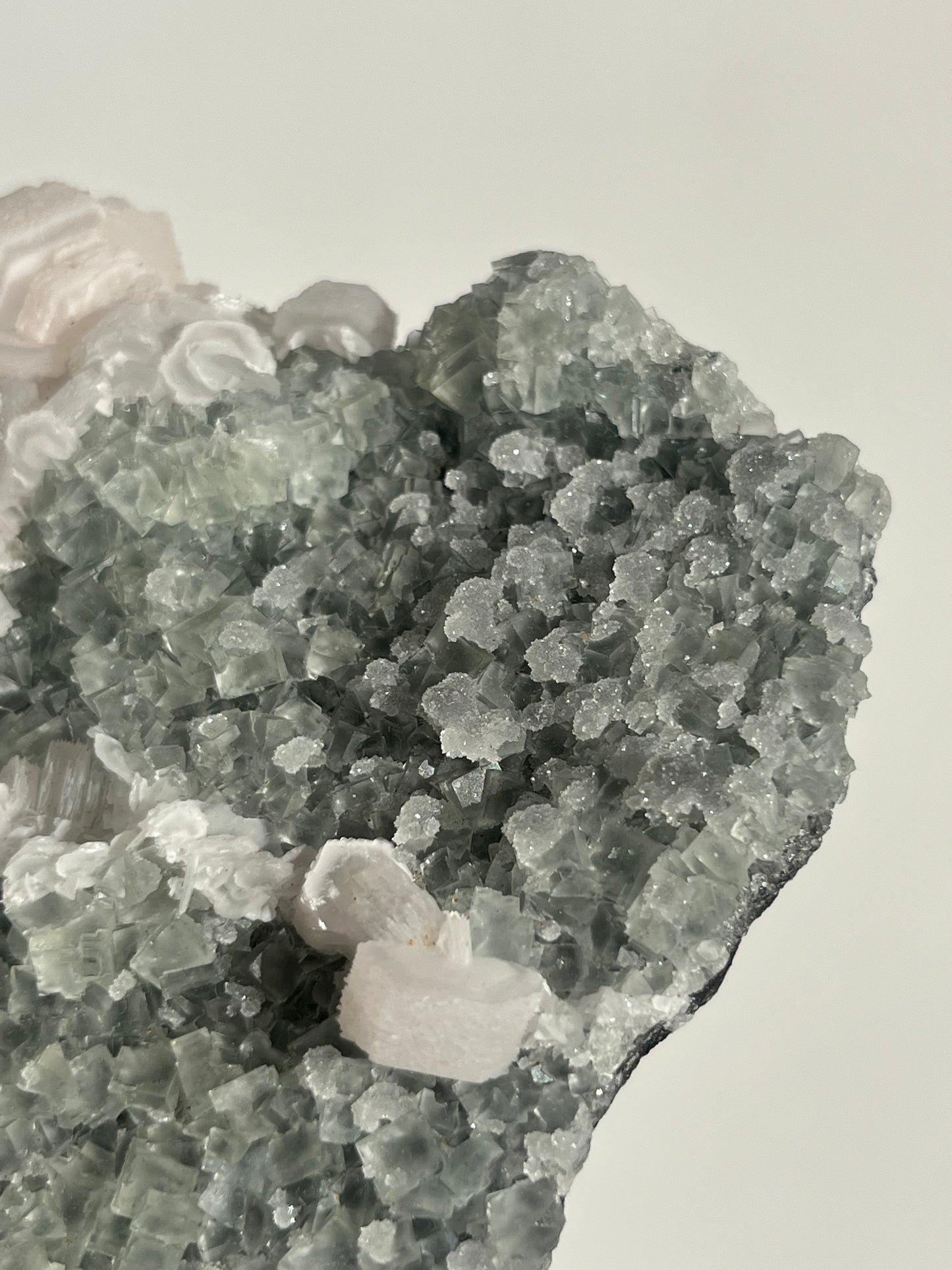 Pink Coin Calcite, Green Fluorite and Quartz Specimen I