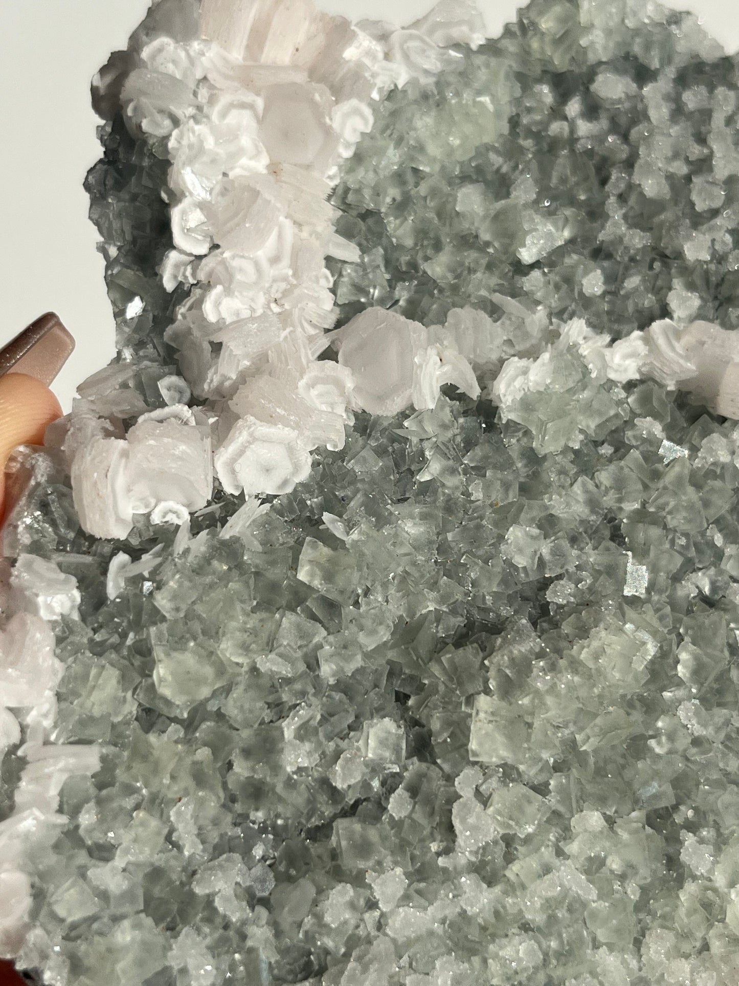 Pink Coin Calcite, Green Fluorite and Quartz Specimen I