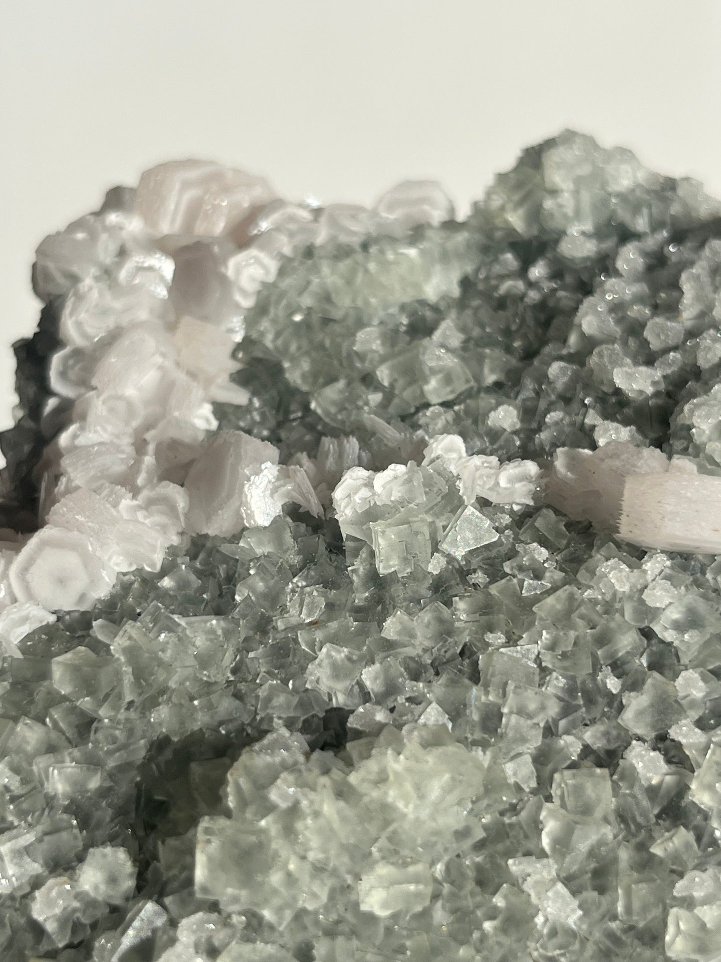 Pink Coin Calcite, Green Fluorite and Quartz Specimen I
