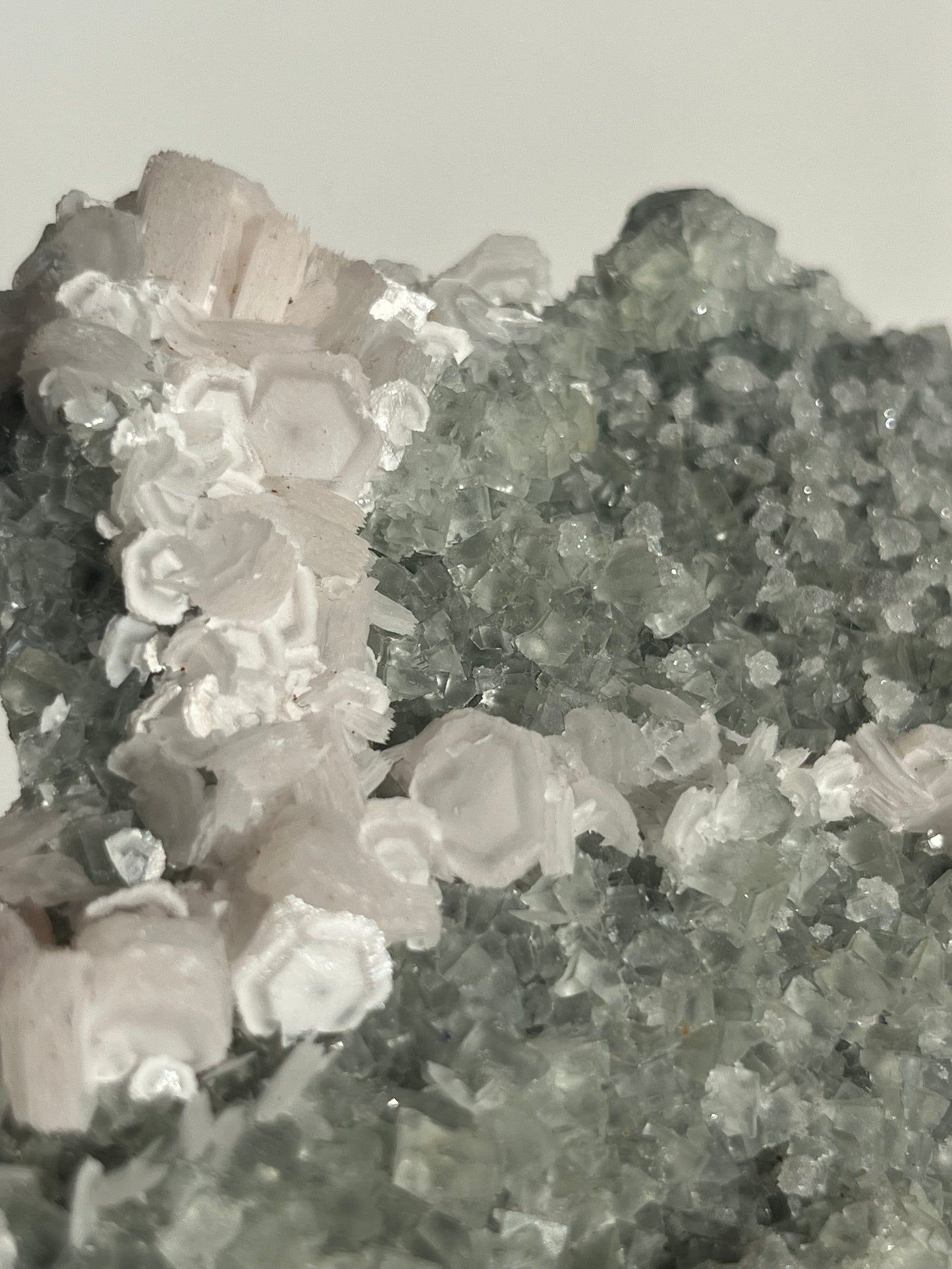 Pink Coin Calcite, Green Fluorite and Quartz Specimen I