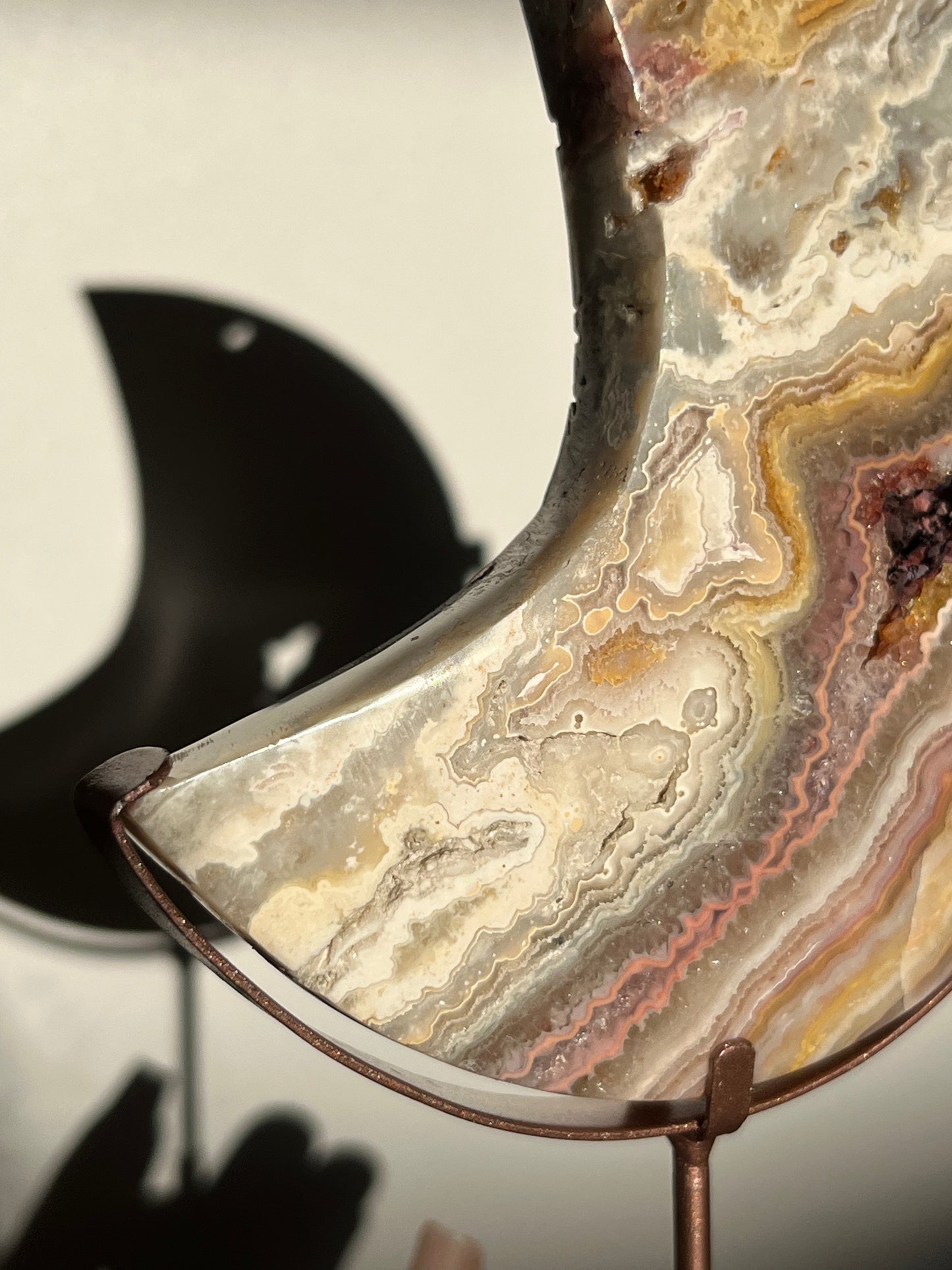 Golden x Pink Lace Agate Moon Carving on Rose Gold Coloured Stand B