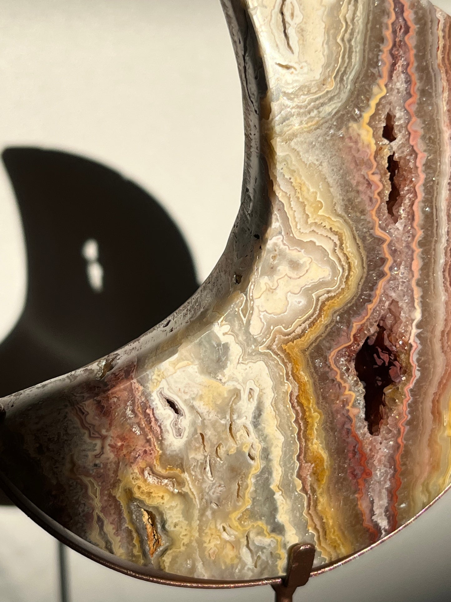 Golden x Pink Lace Agate Moon Carving on Rose Gold Coloured Stand C