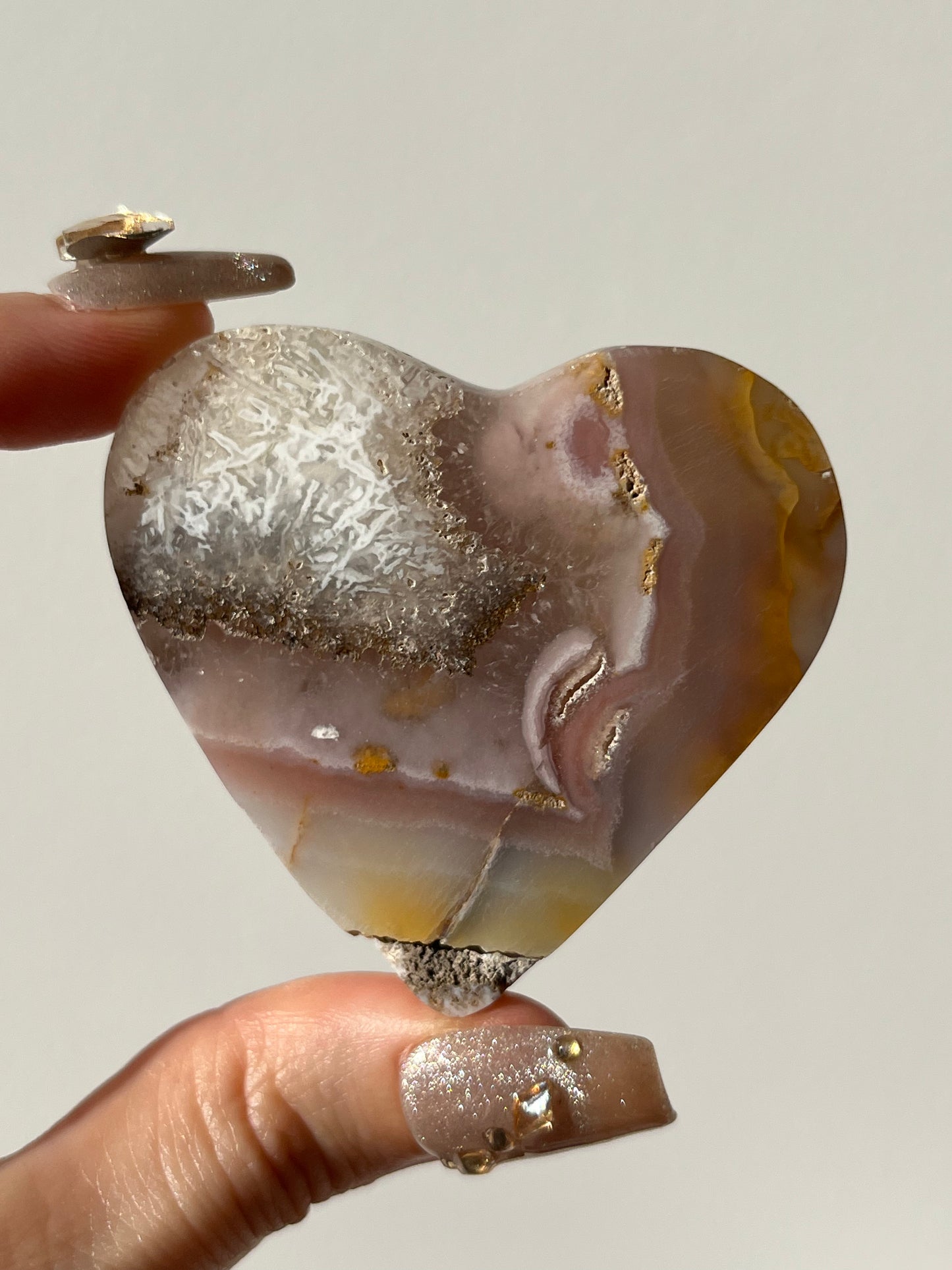 Pink Nebula Agate Heart Carving with Dendritic Inclusions G