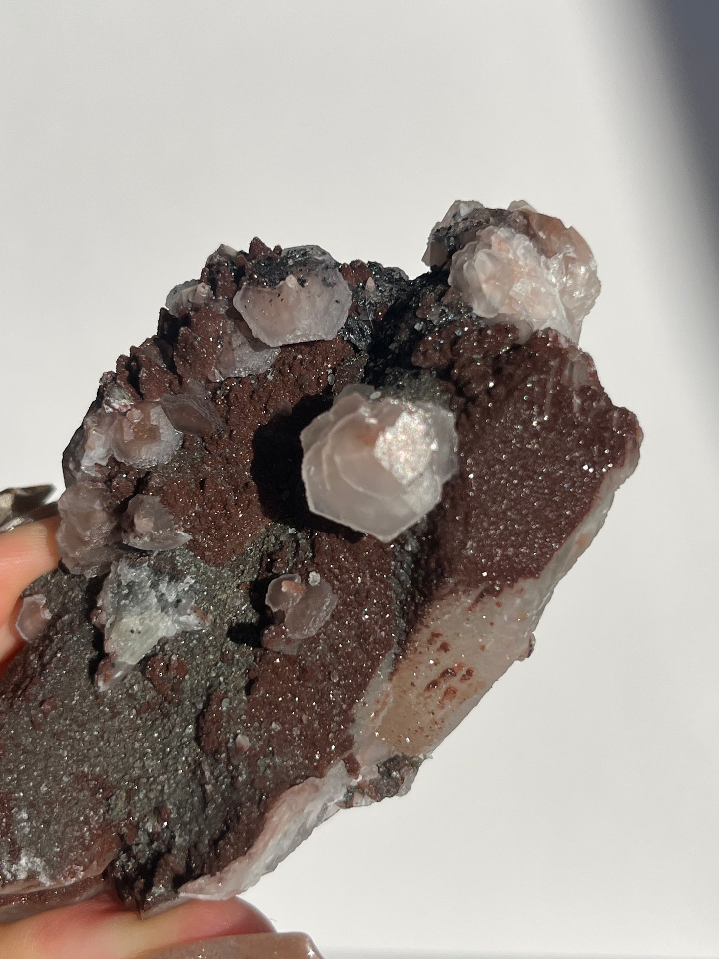 Twilight Plum Sakura Blossom Calcite on Druzy Coated Quartz Specimen C