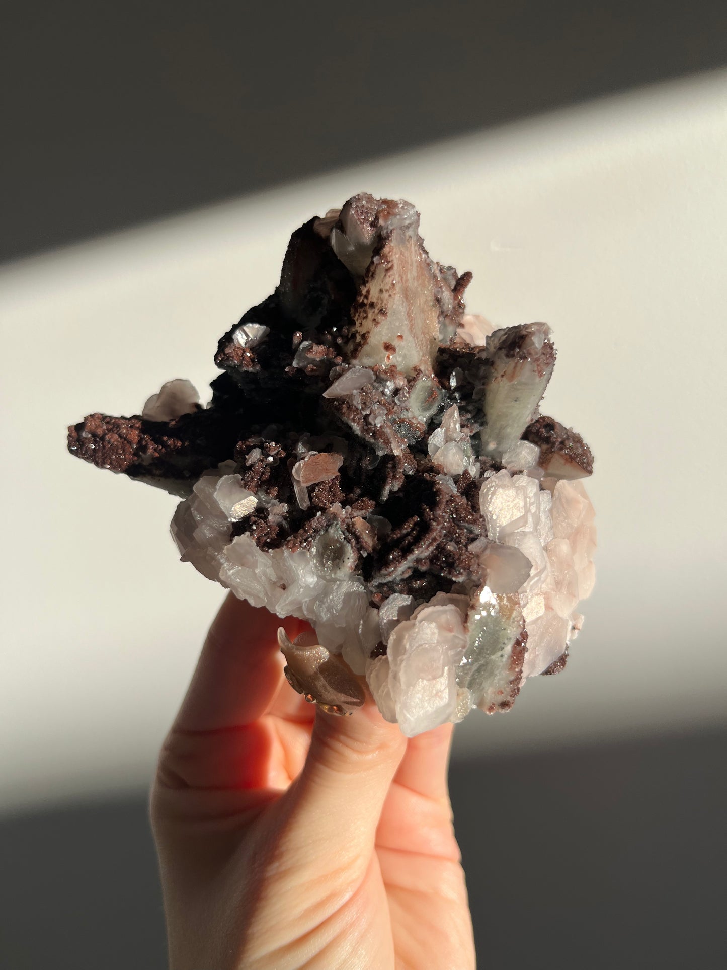 Pink Sakura Blossom Calcite on Quartz Specimen A