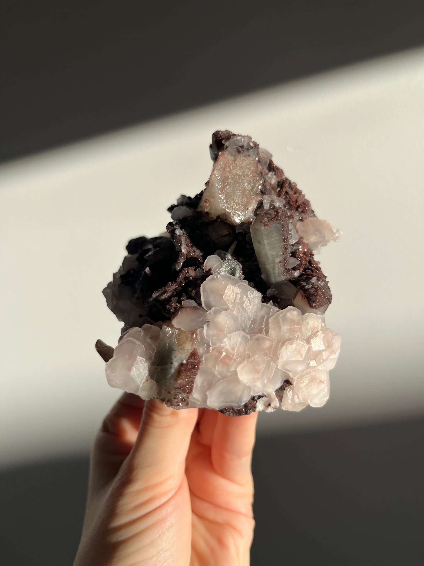Pink Sakura Blossom Calcite on Quartz Specimen A