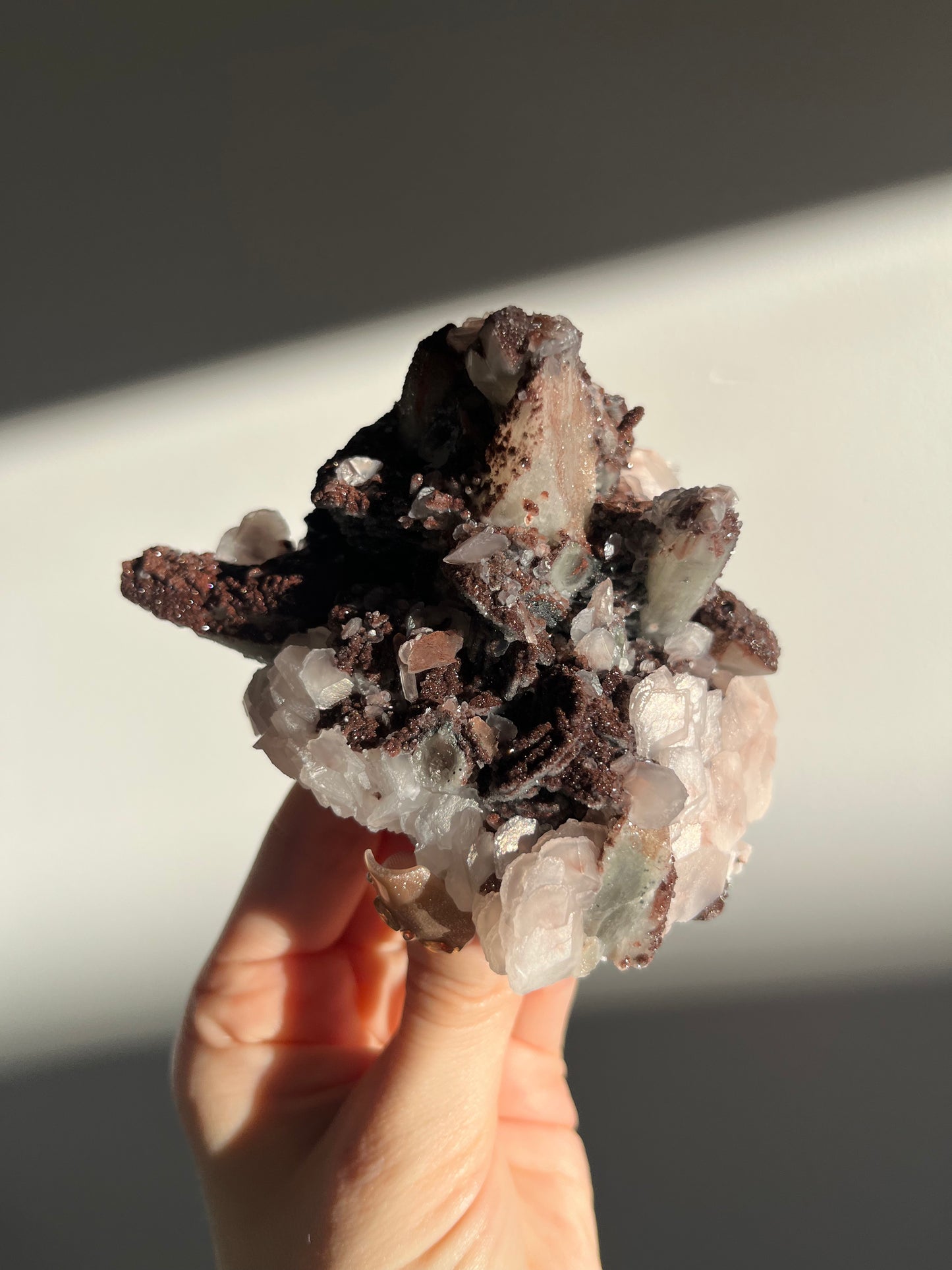 Pink Sakura Blossom Calcite on Quartz Specimen A