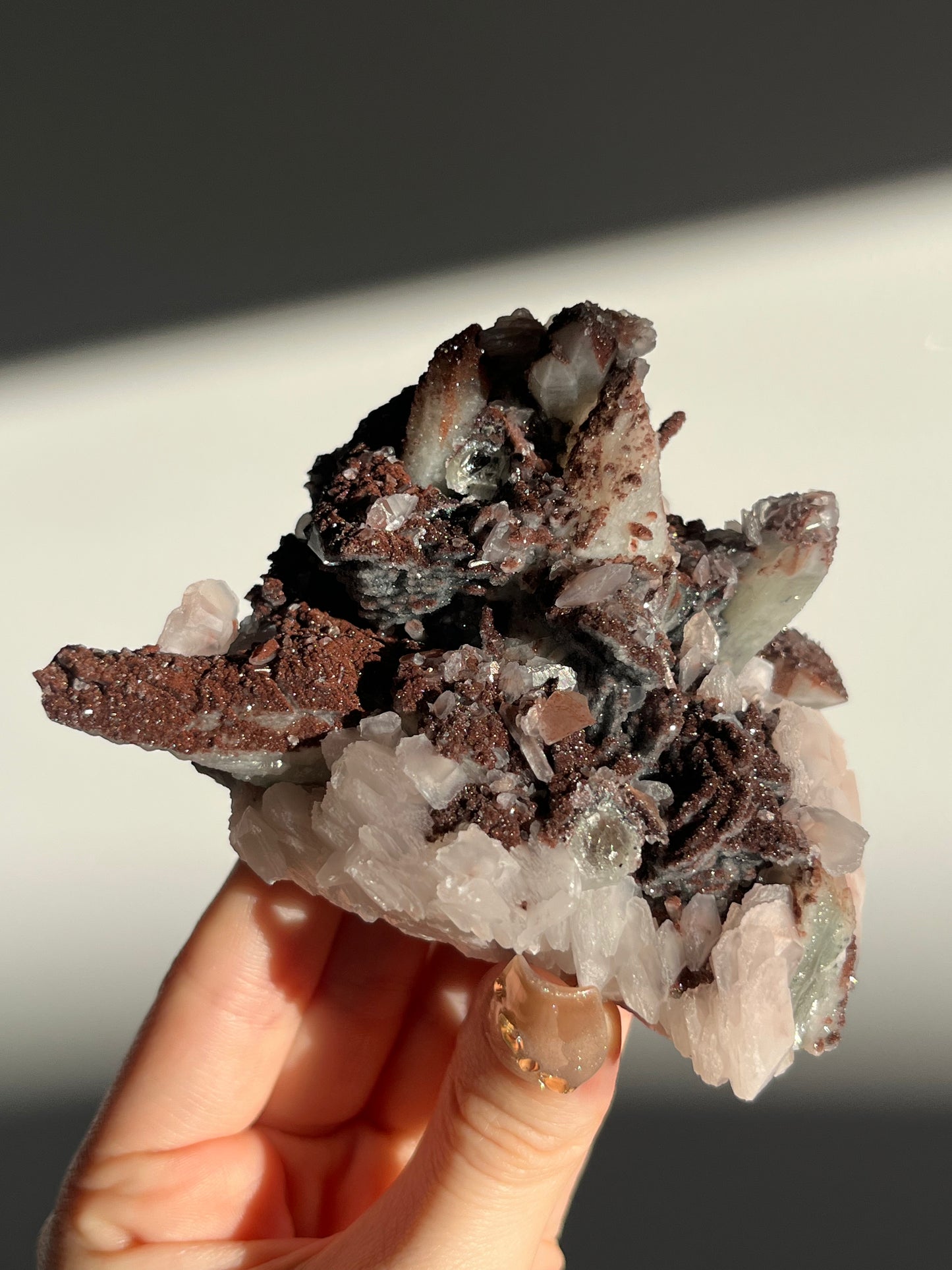 Pink Sakura Blossom Calcite on Quartz Specimen A