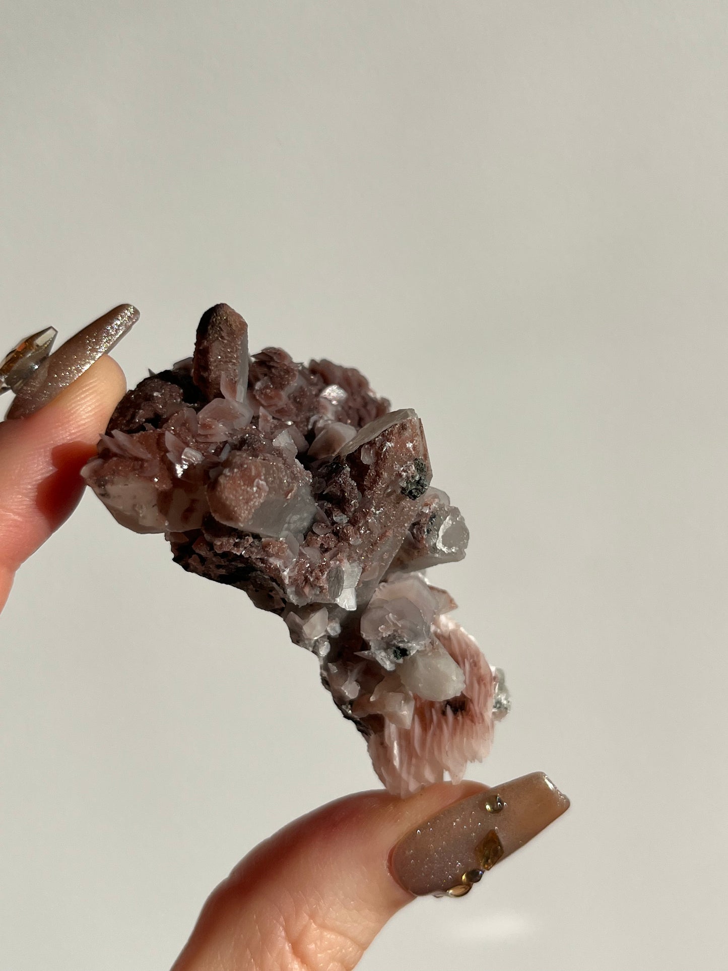 Pink Sakura Blossom Calcite on Quartz Specimen P