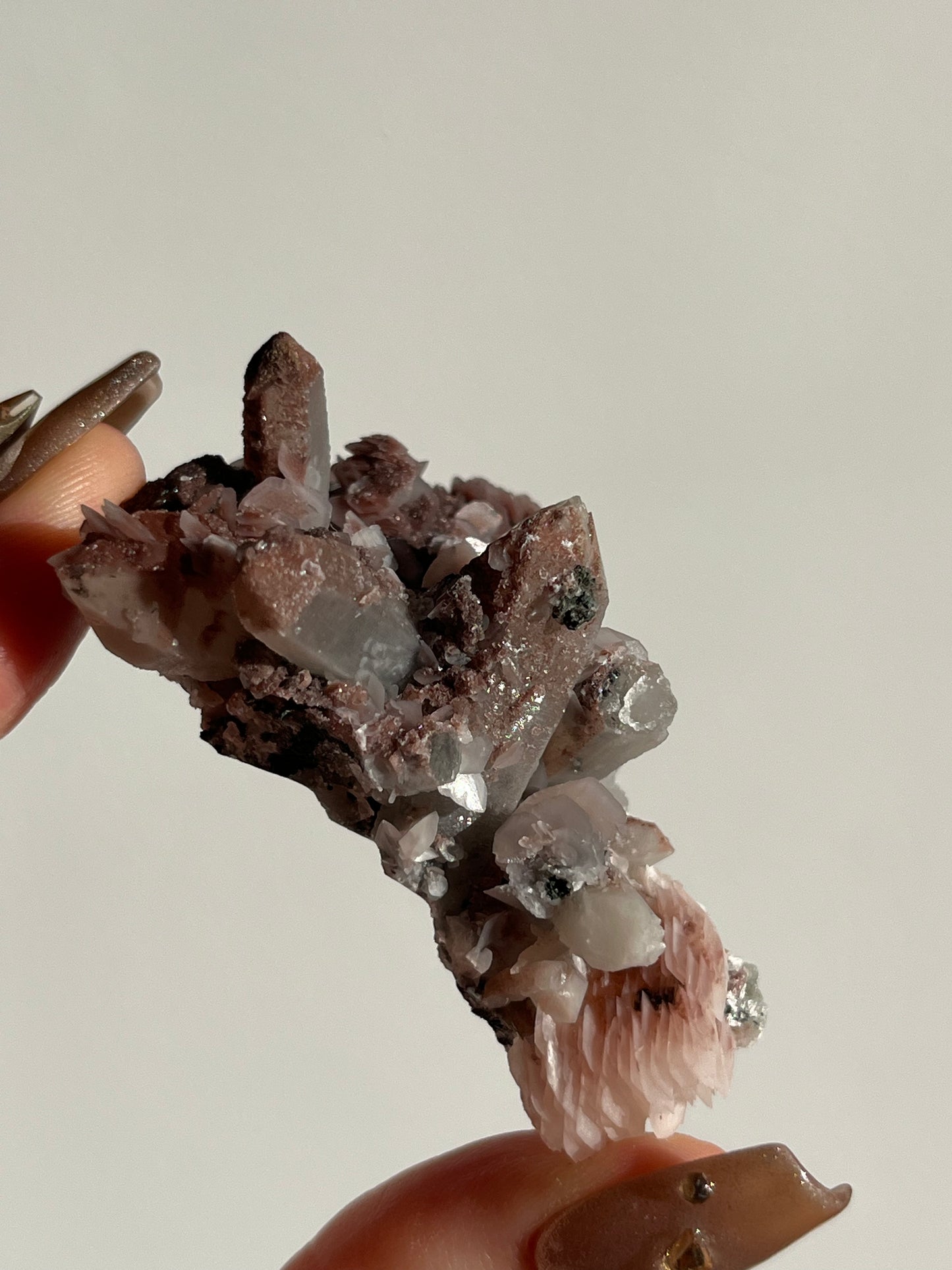 Pink Sakura Blossom Calcite on Quartz Specimen P