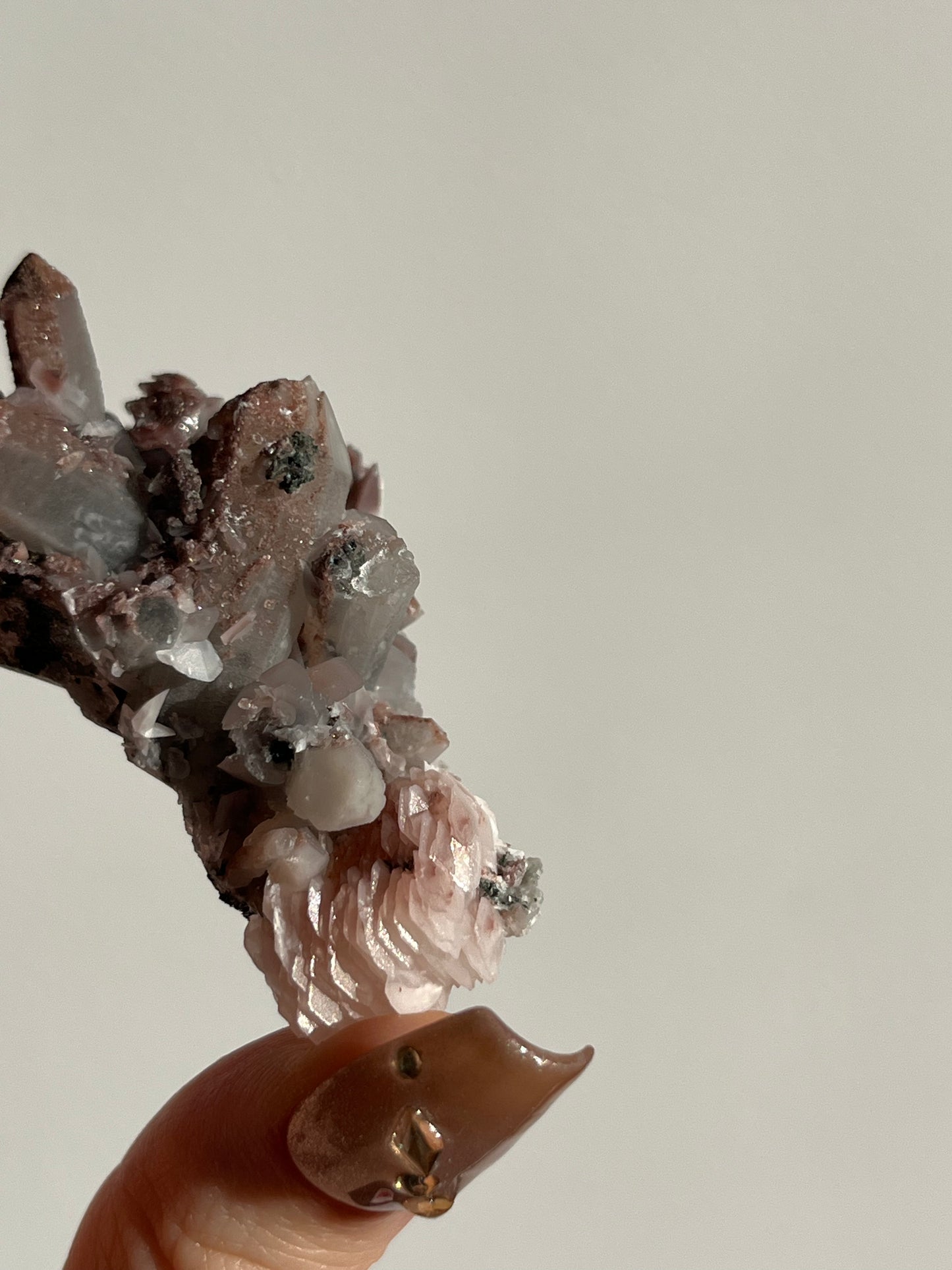 Pink Sakura Blossom Calcite on Quartz Specimen P