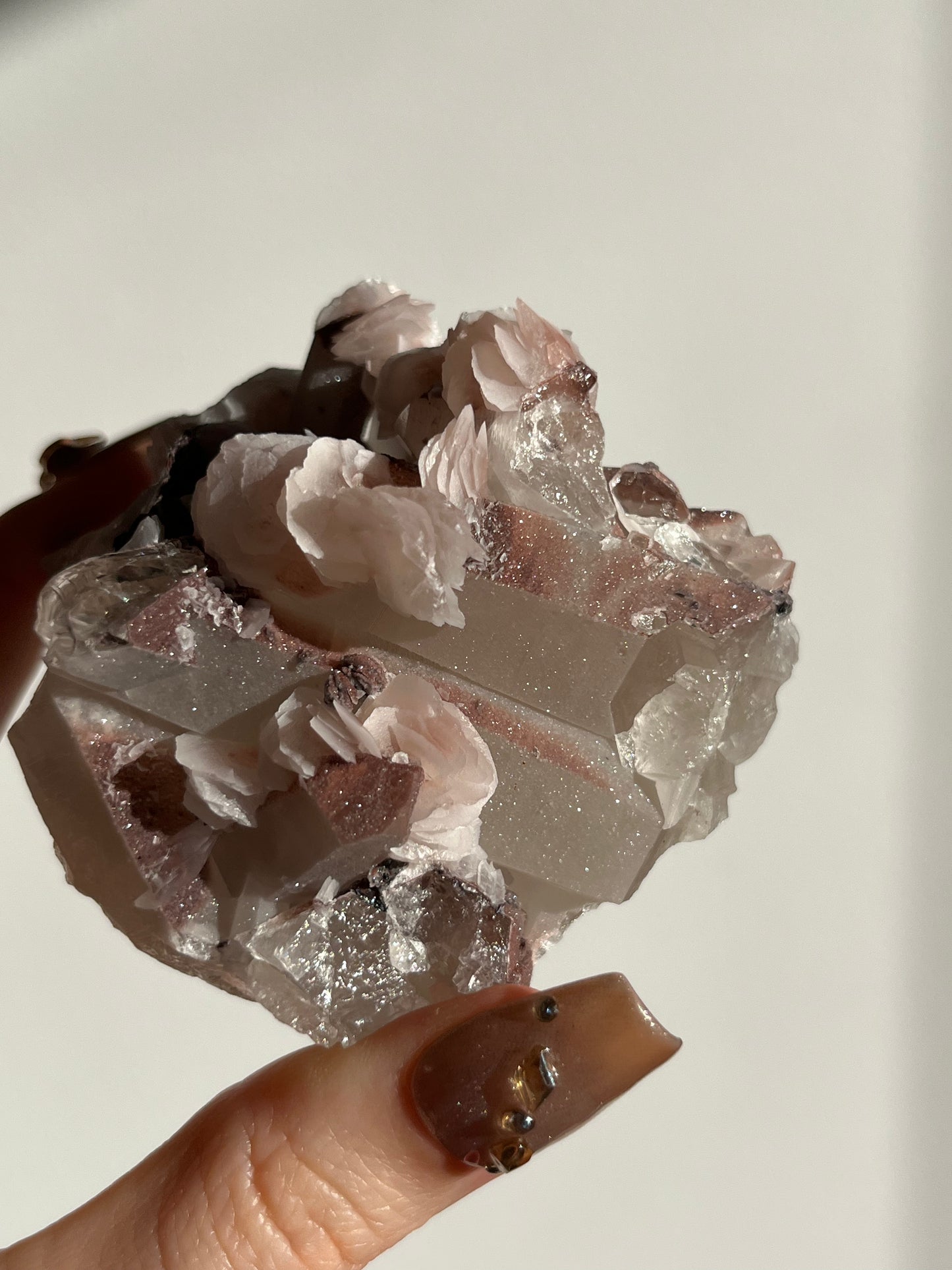 Pink Sakura Blossom Calcite on Quartz Specimen B