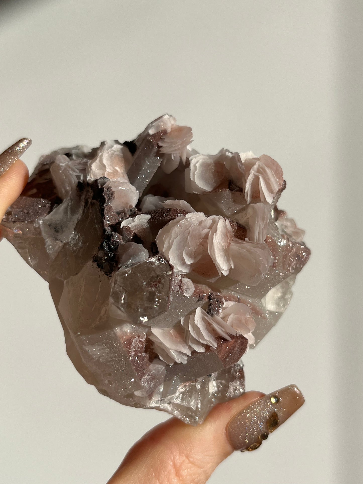 Pink Sakura Blossom Calcite on Quartz Specimen B