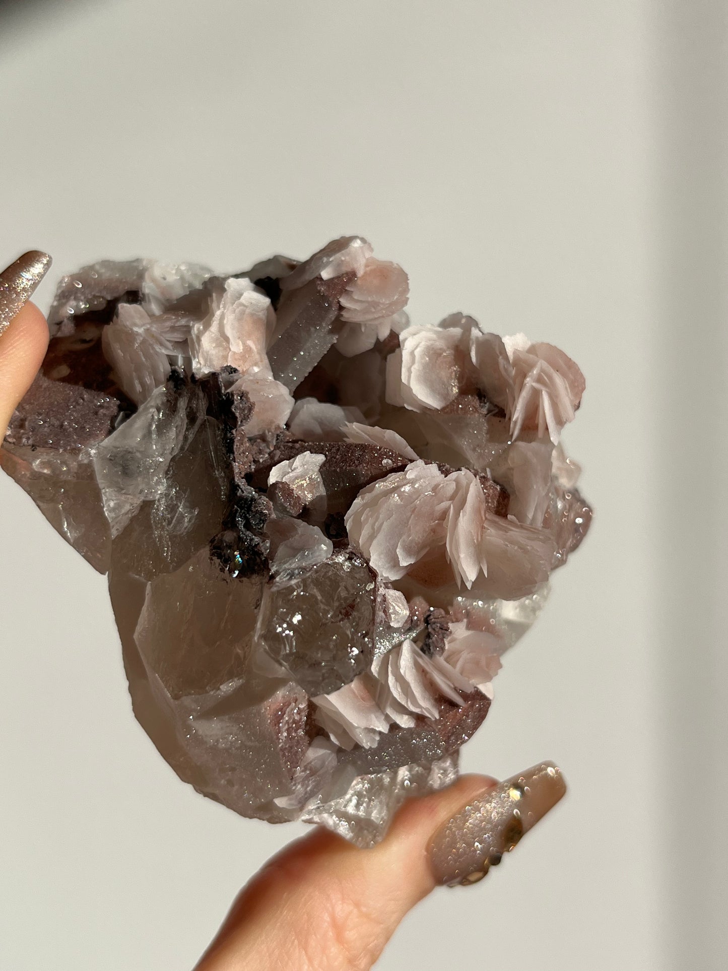 Pink Sakura Blossom Calcite on Quartz Specimen B