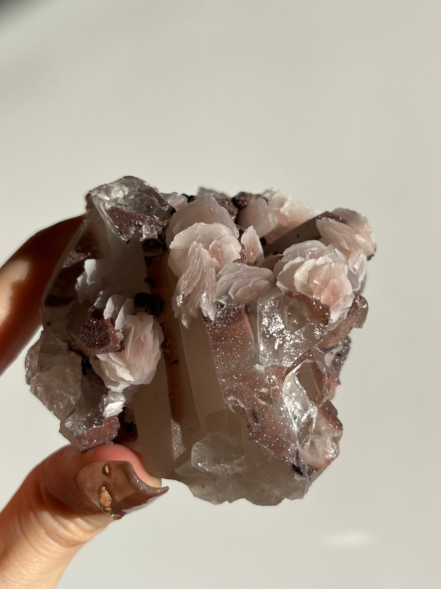 Pink Sakura Blossom Calcite on Quartz Specimen B