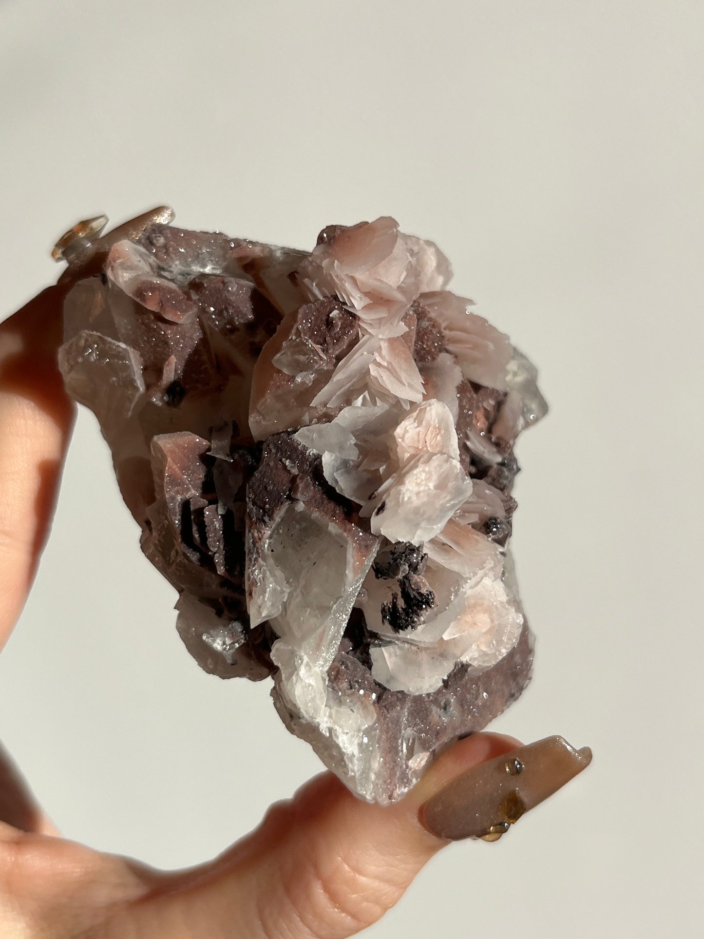Pink Sakura Blossom Calcite on Quartz Specimen B