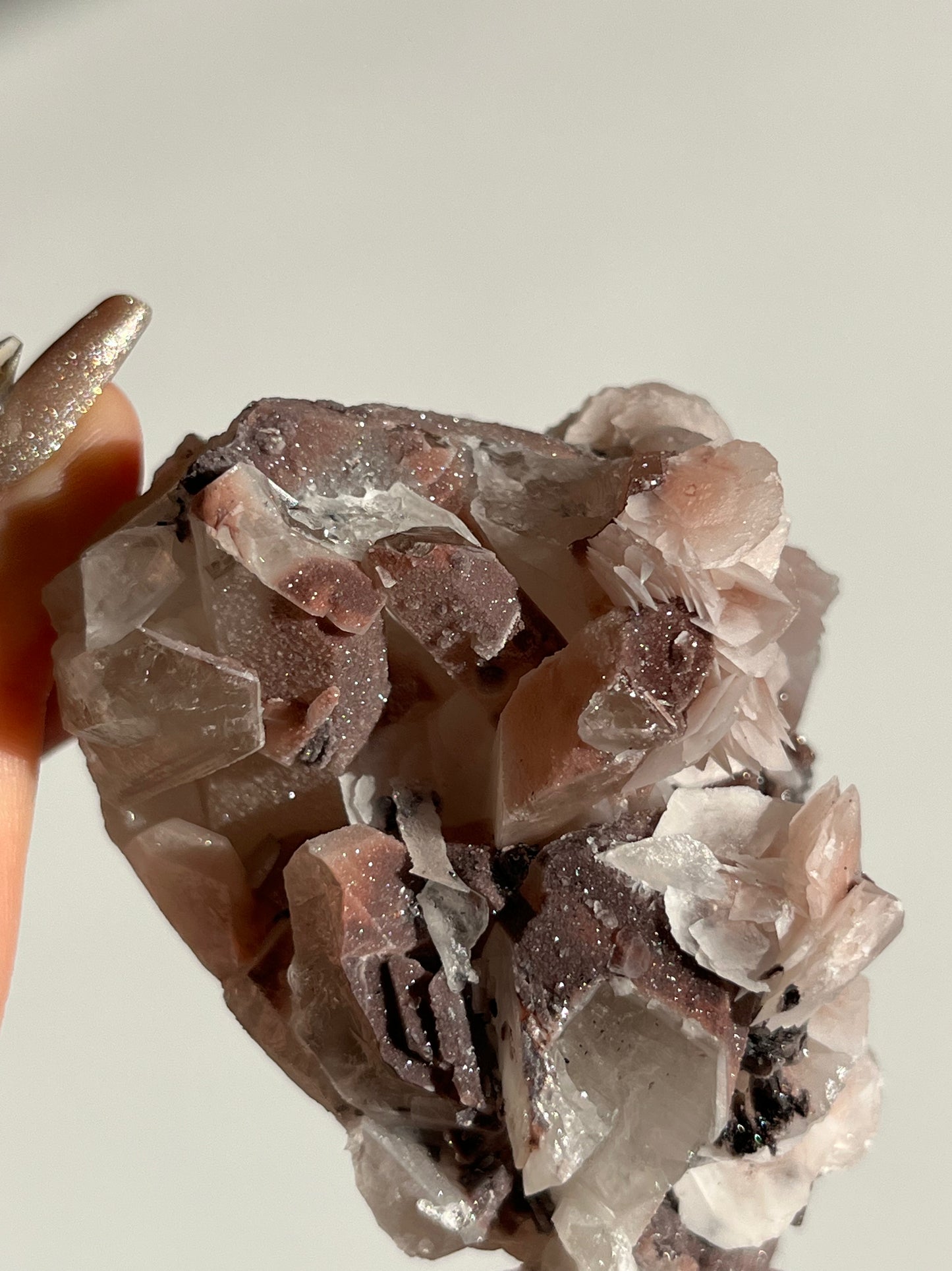 Pink Sakura Blossom Calcite on Quartz Specimen B