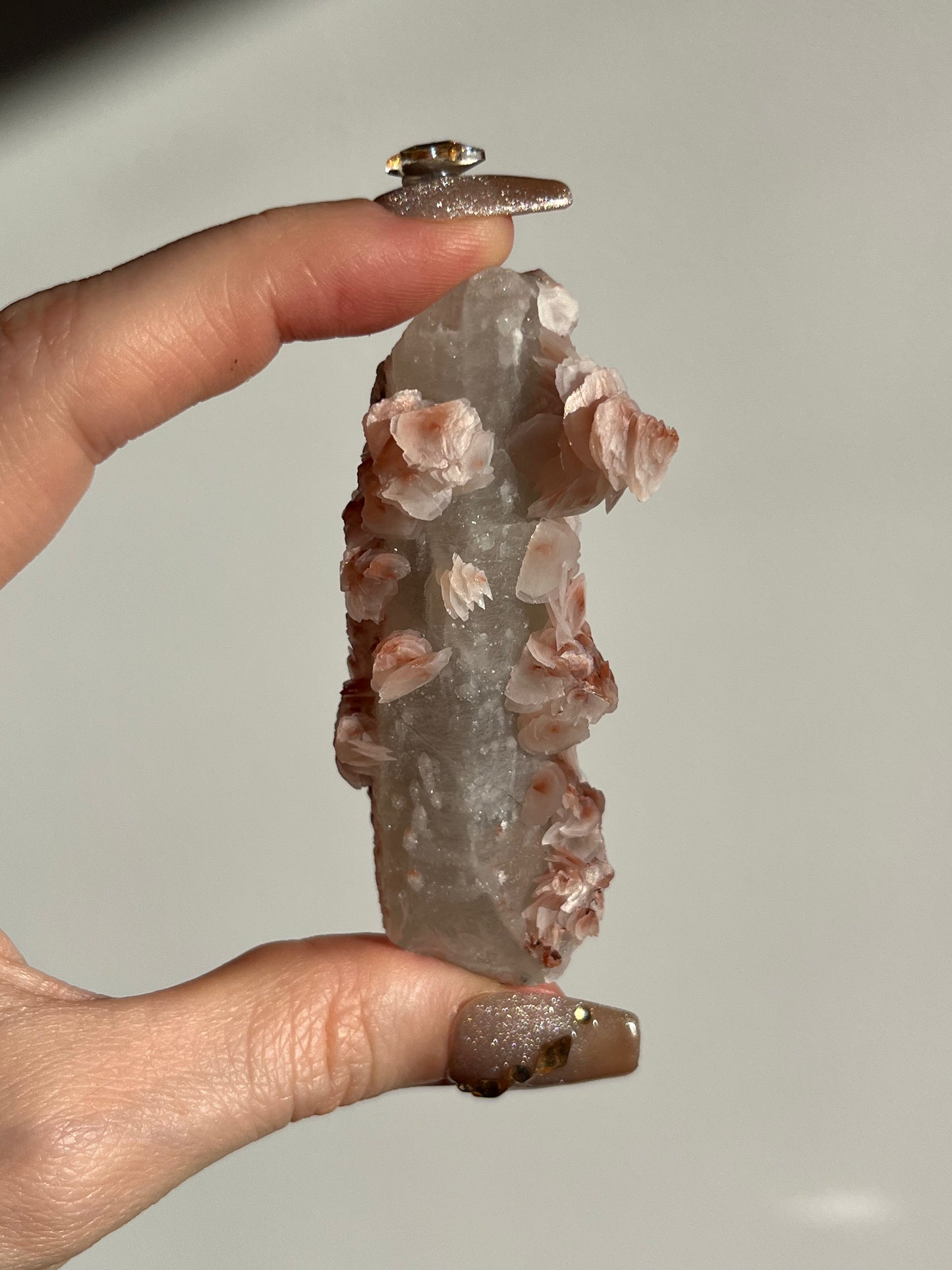 Pink Sakura Blossom Calcite on Quartz Specimen C
