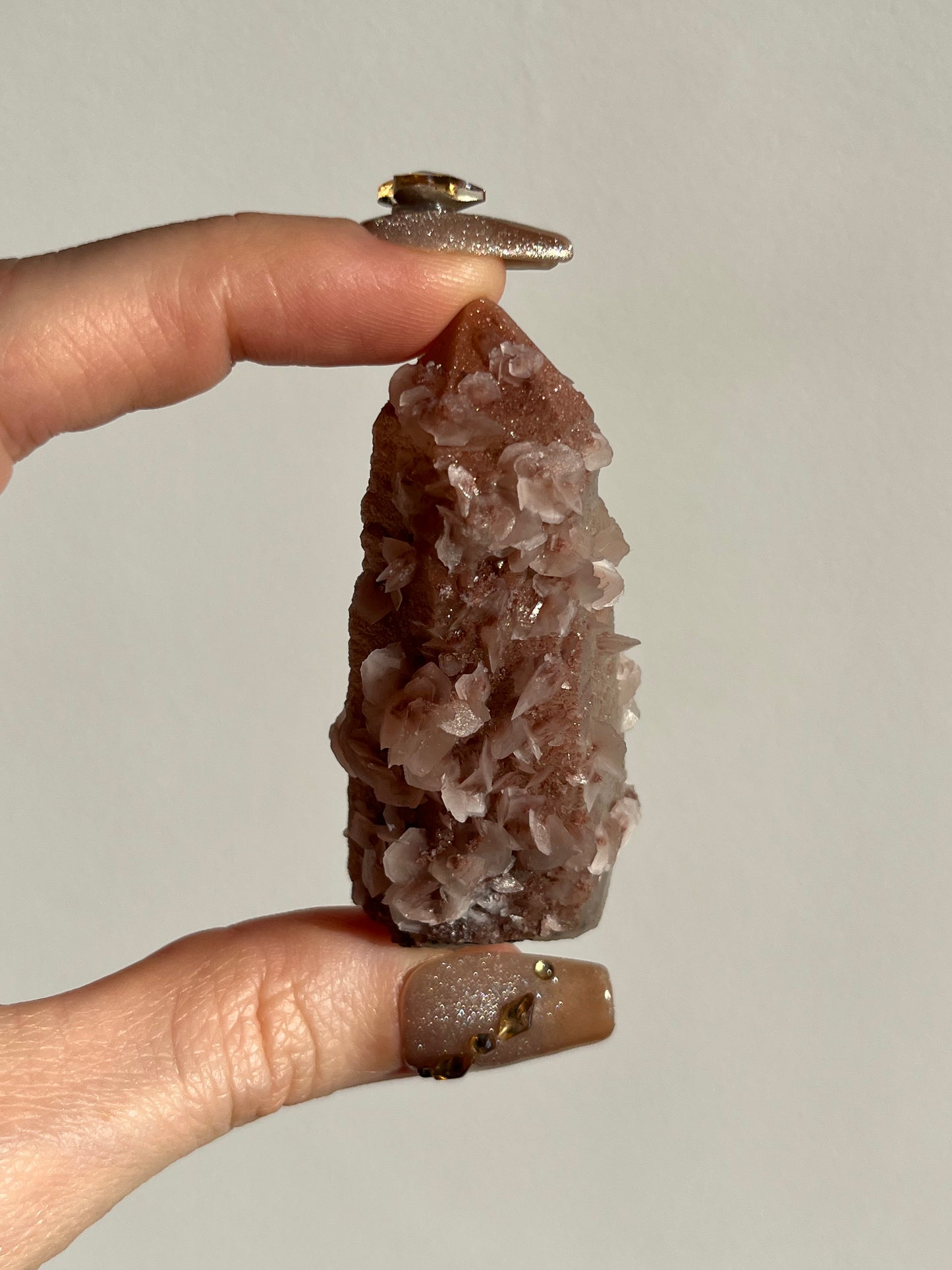 Pink Sakura Blossom Calcite on Quartz Specimen D