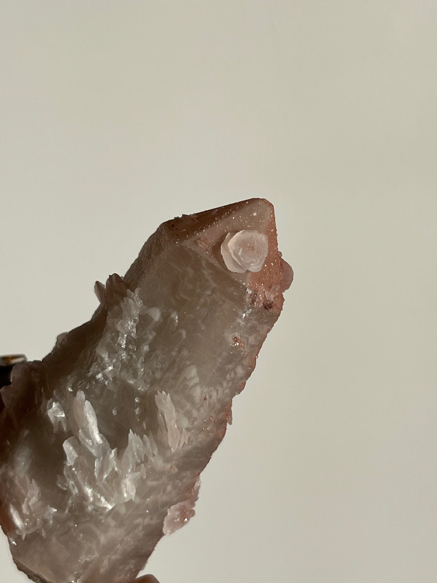 Pink Sakura Blossom Calcite on Quartz Specimen D