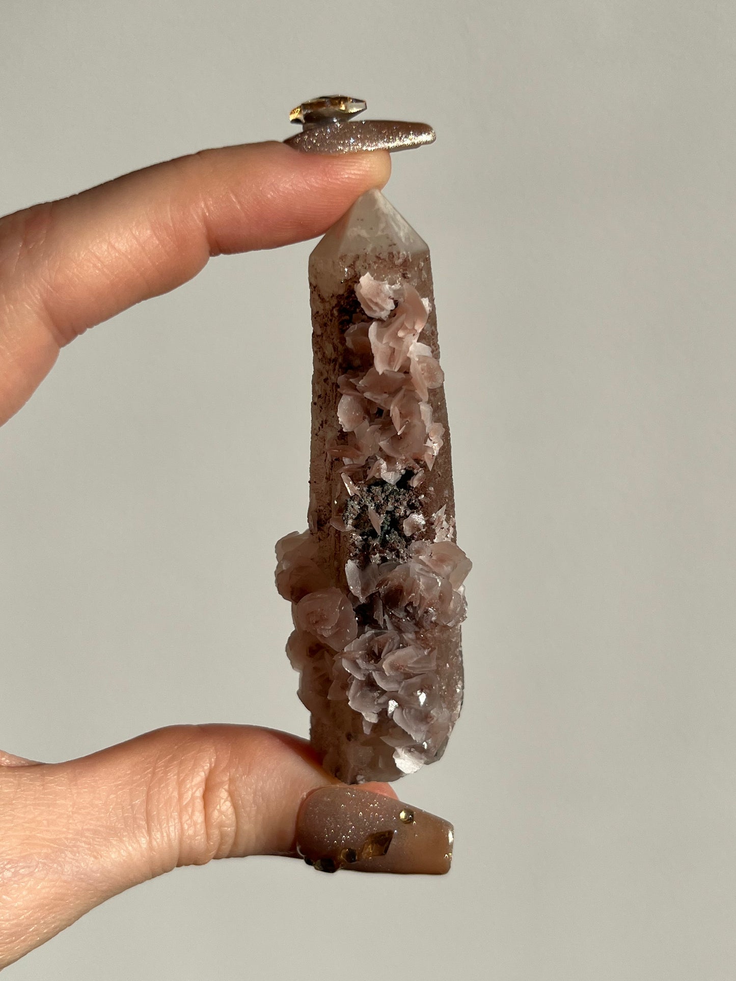 Pink Sakura Blossom Calcite on Quartz Specimen E