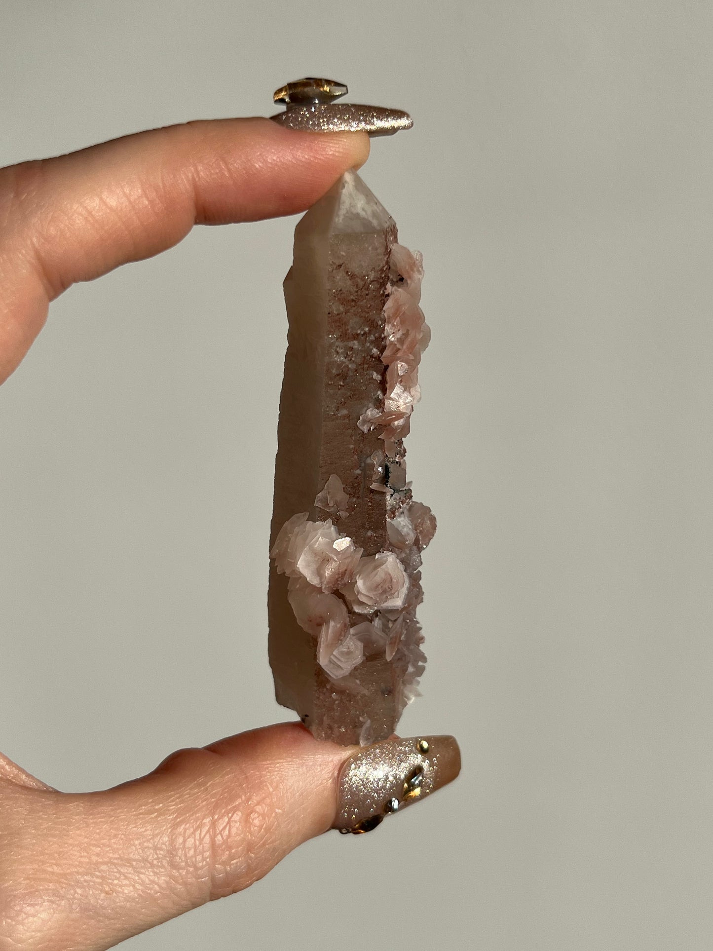 Pink Sakura Blossom Calcite on Quartz Specimen E