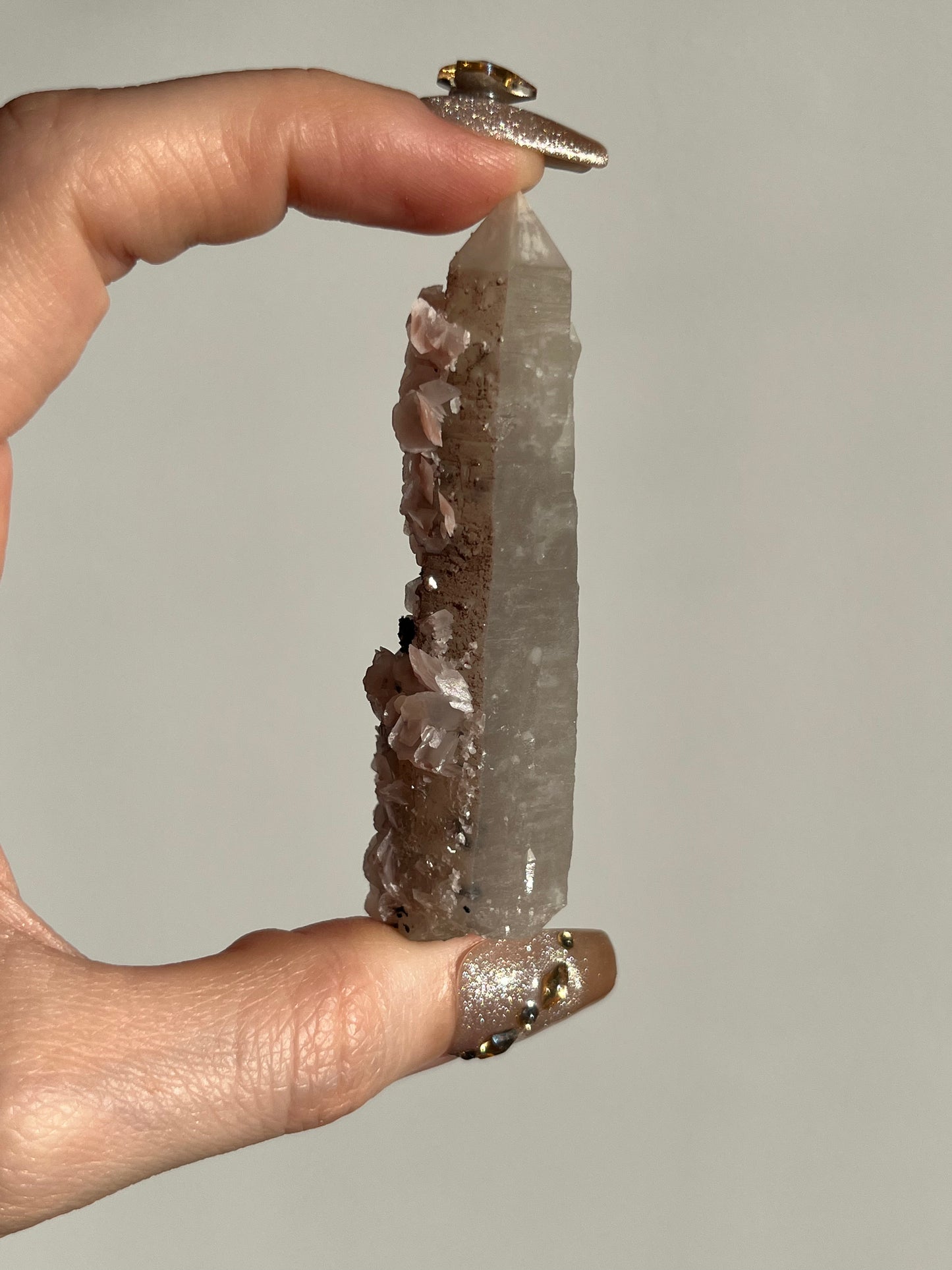Pink Sakura Blossom Calcite on Quartz Specimen E