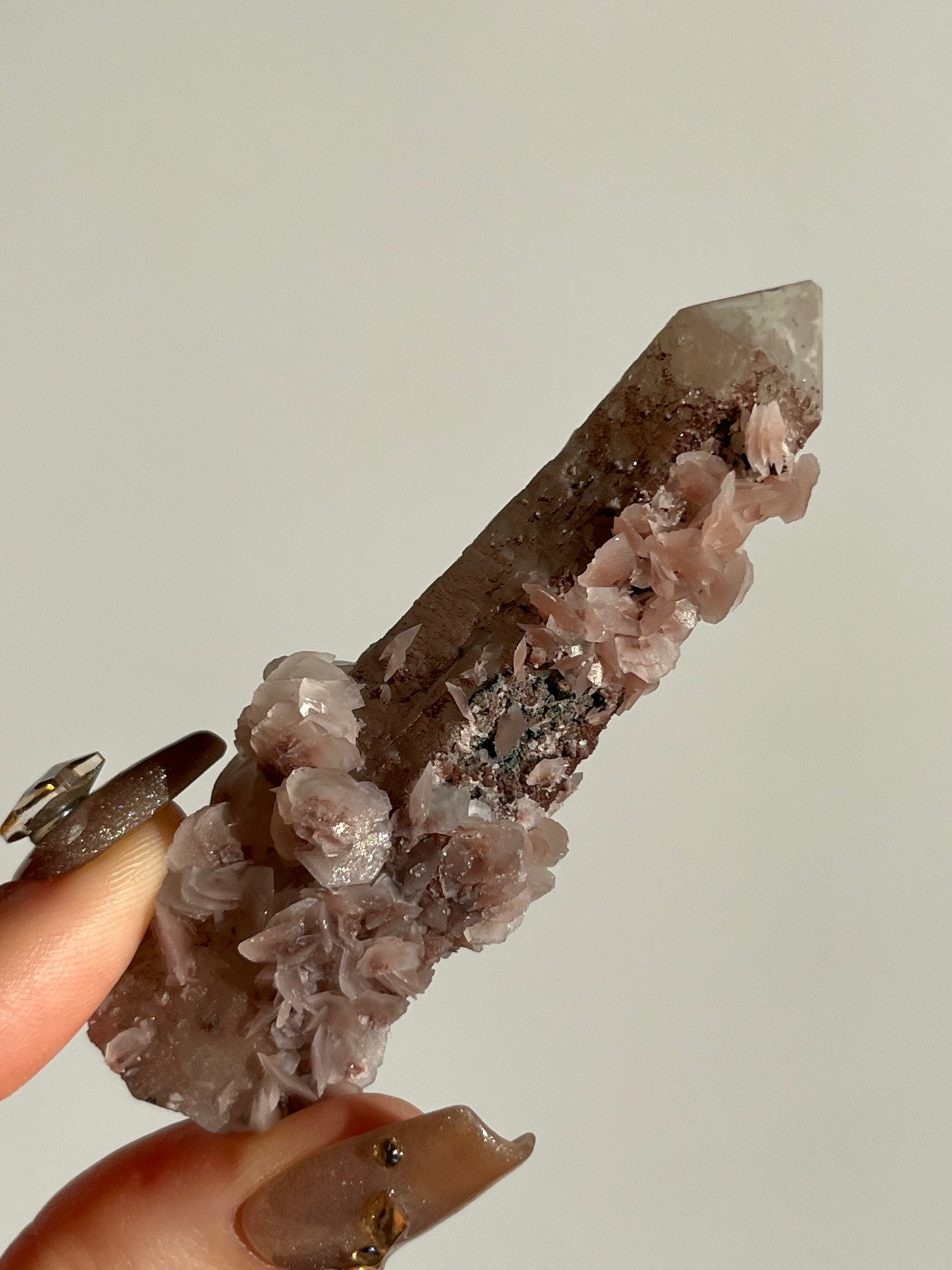 Pink Sakura Blossom Calcite on Quartz Specimen E