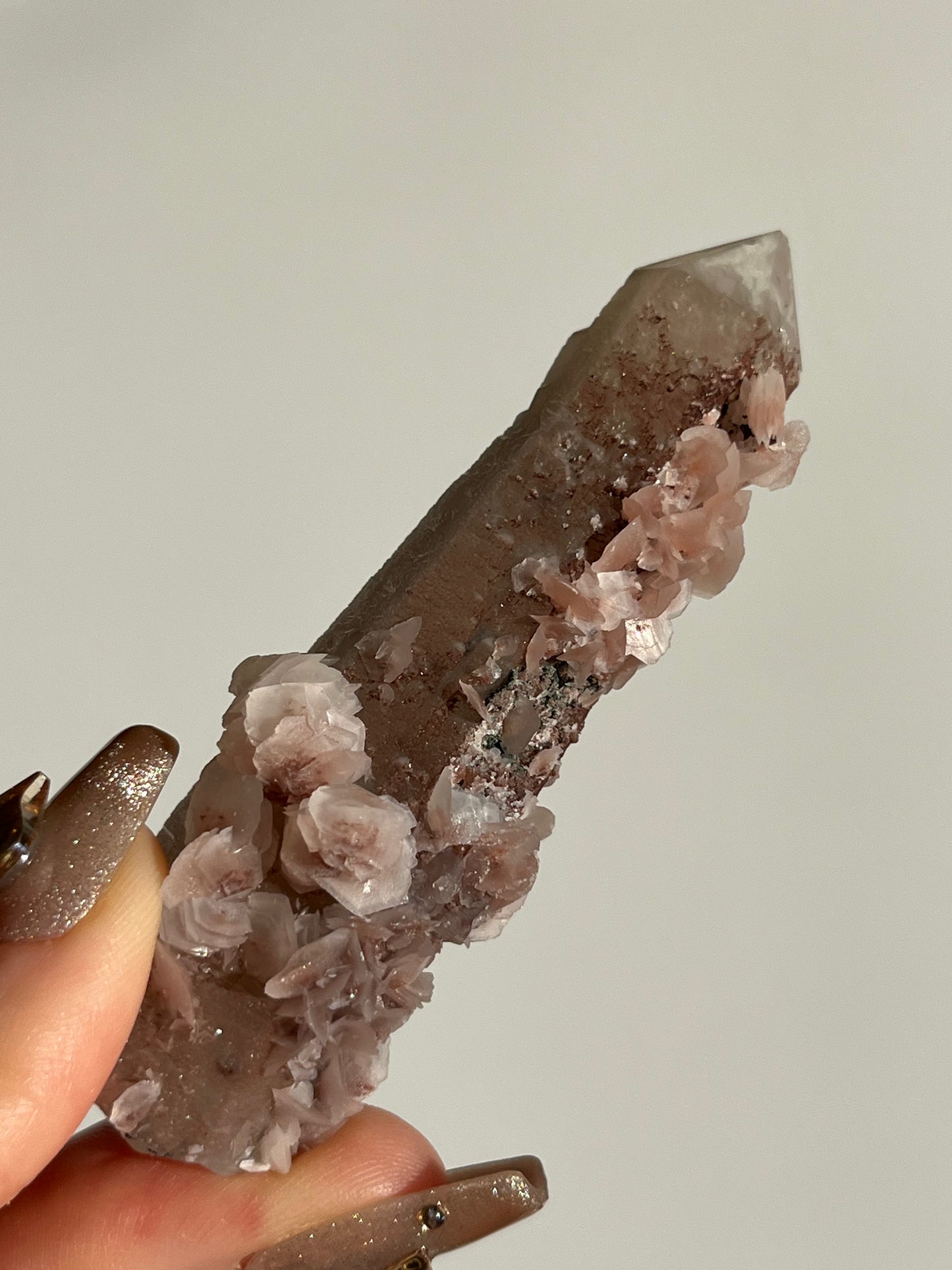 Pink Sakura Blossom Calcite on Quartz Specimen E