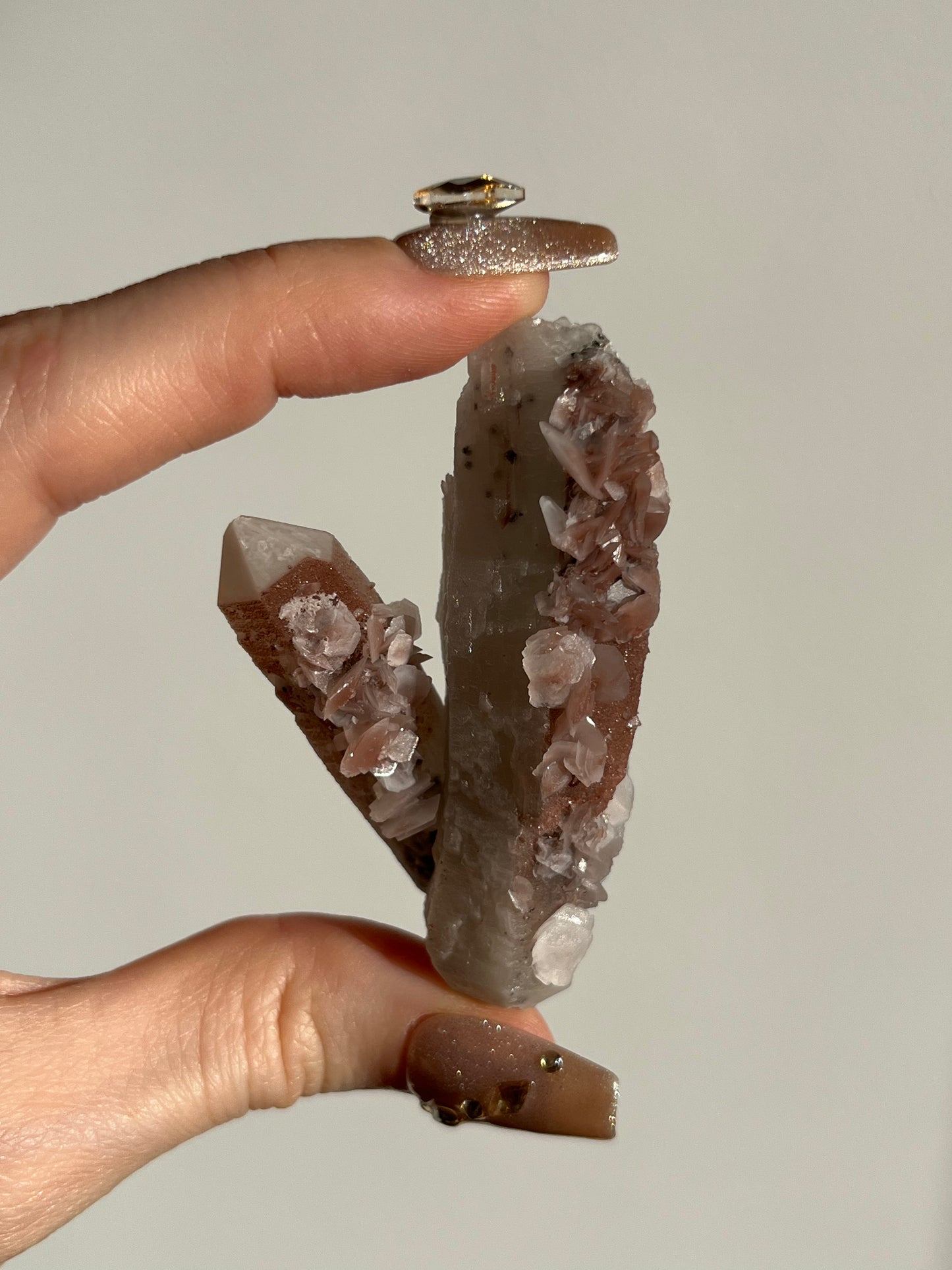 Pink Sakura Blossom Calcite on Quartz Specimen F