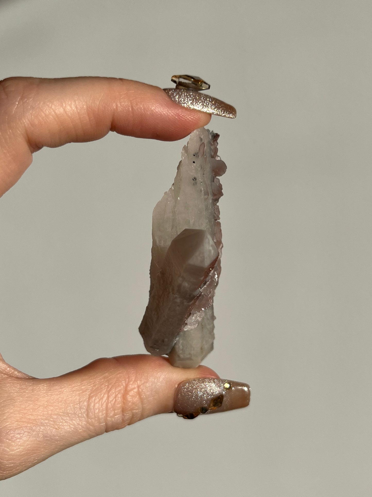 Pink Sakura Blossom Calcite on Quartz Specimen F