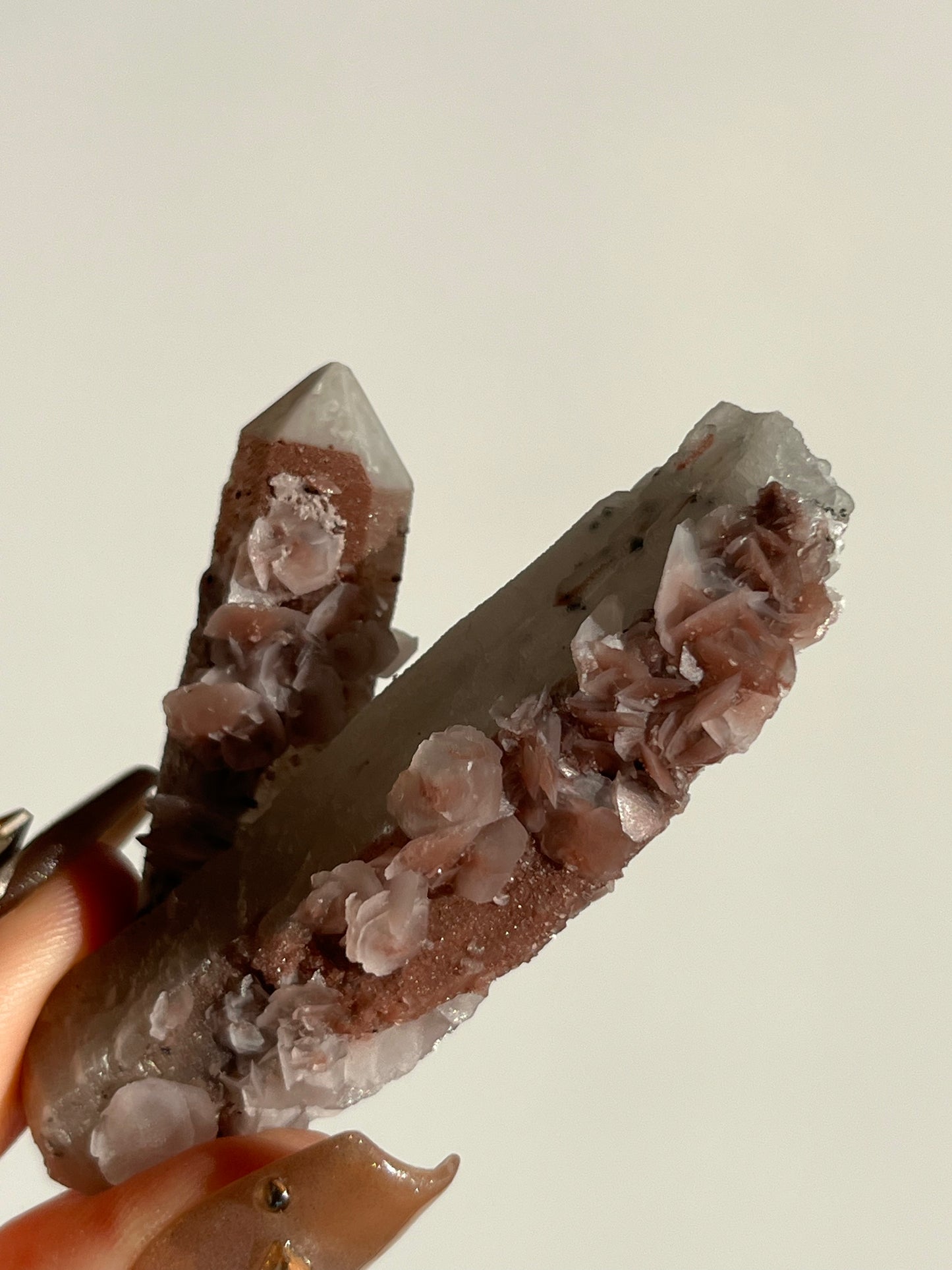 Pink Sakura Blossom Calcite on Quartz Specimen F