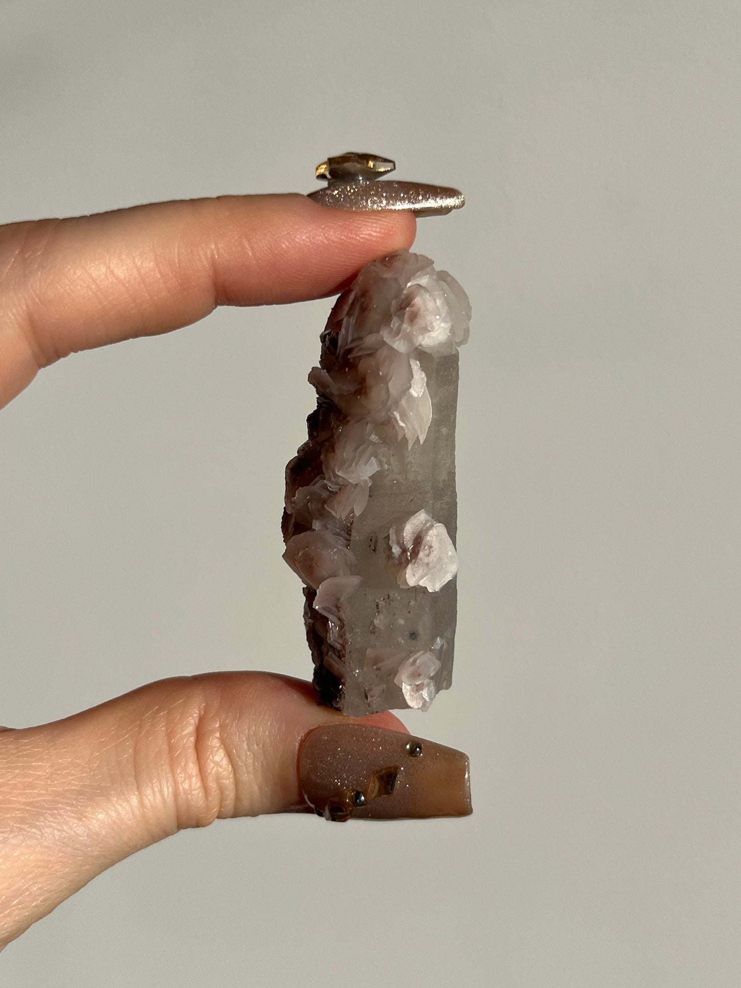 Pink Sakura Blossom Calcite on Quartz Specimen G