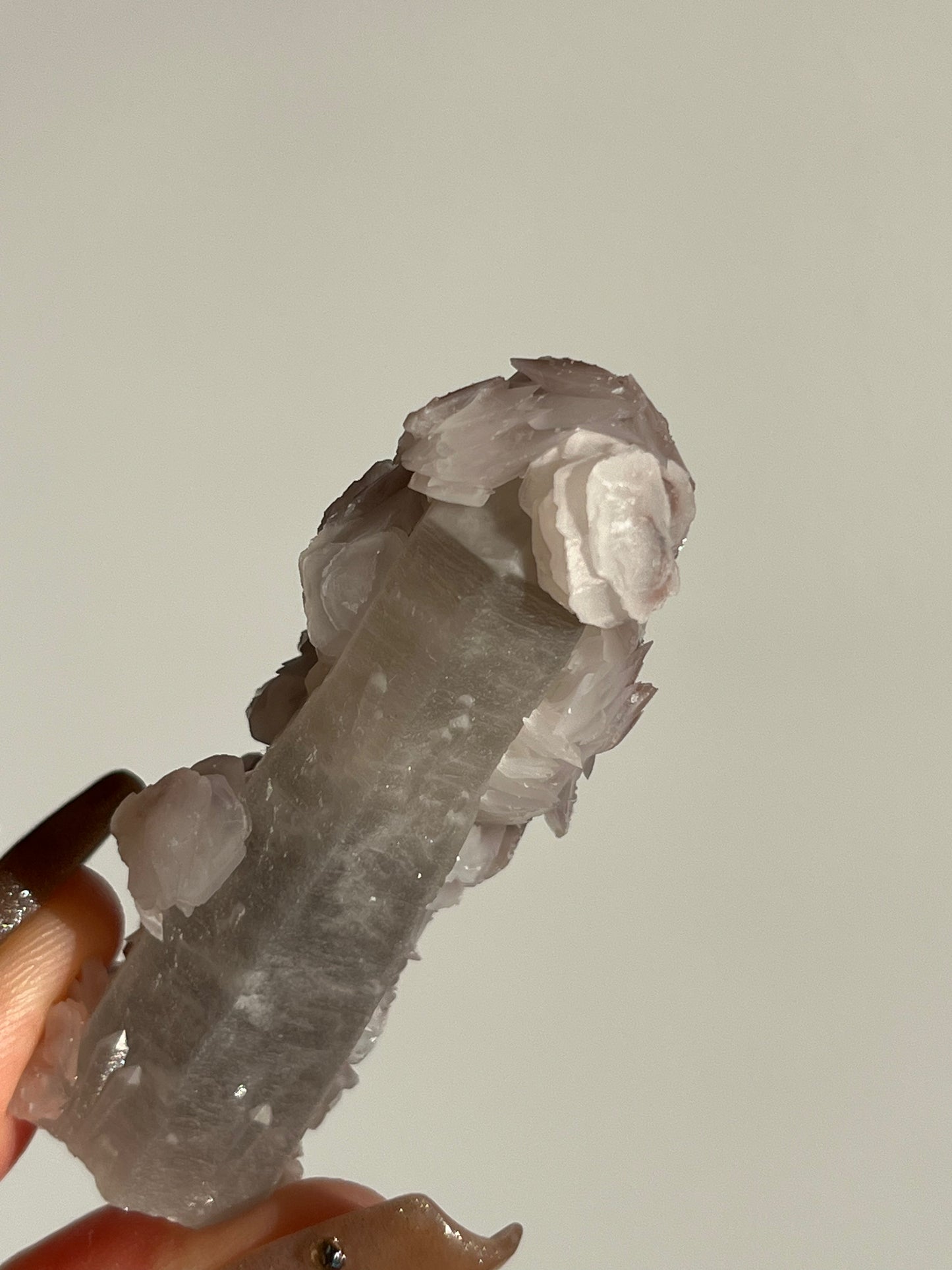 Pink Sakura Blossom Calcite on Quartz Specimen G