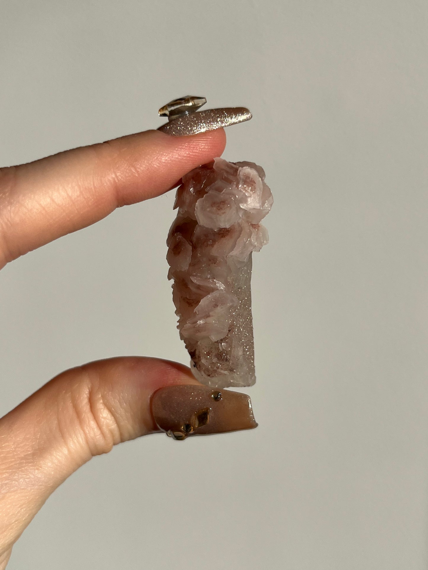 Pink Sakura Blossom Calcite on Quartz Specimen H