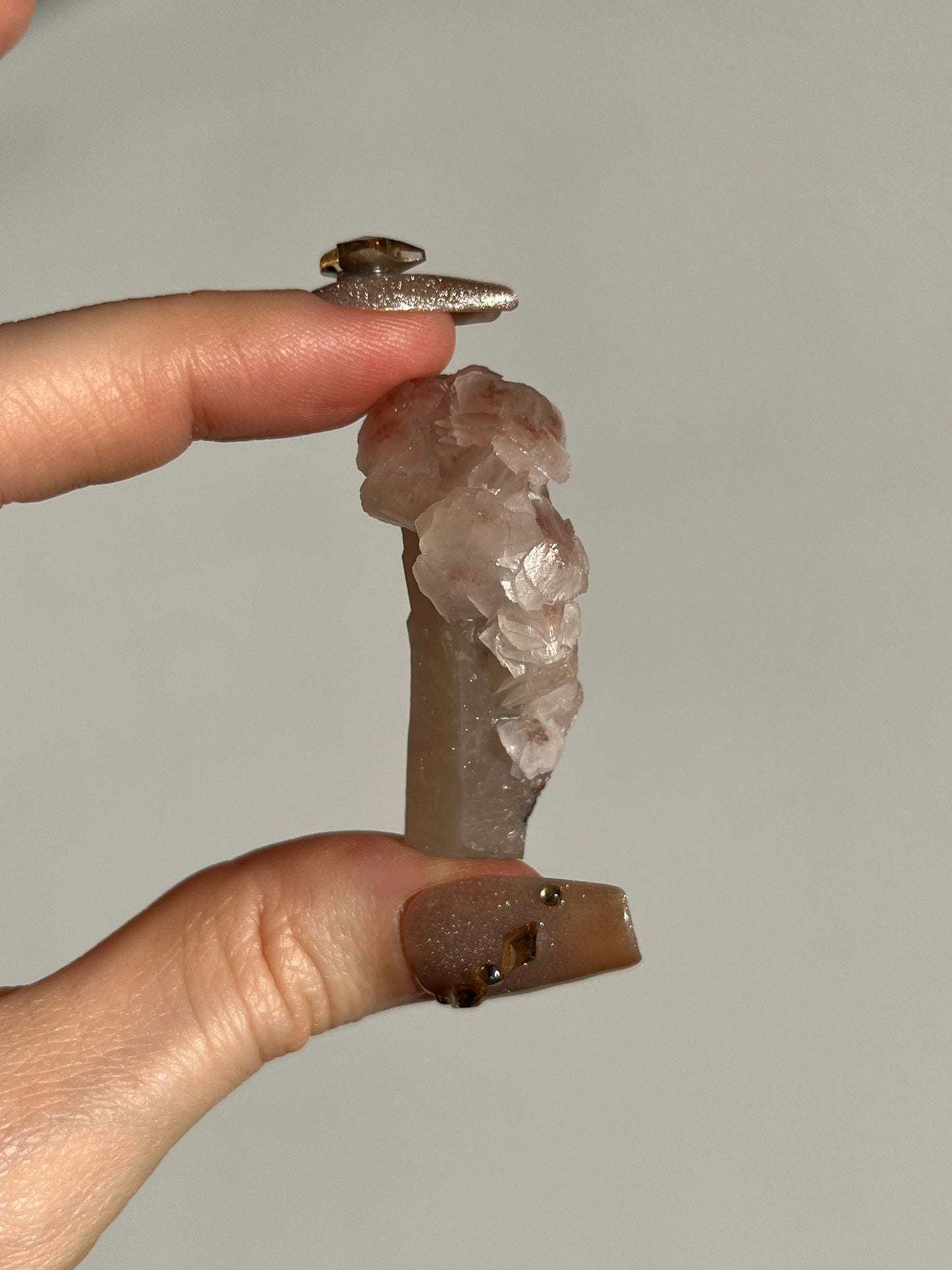 Pink Sakura Blossom Calcite on Quartz Specimen H