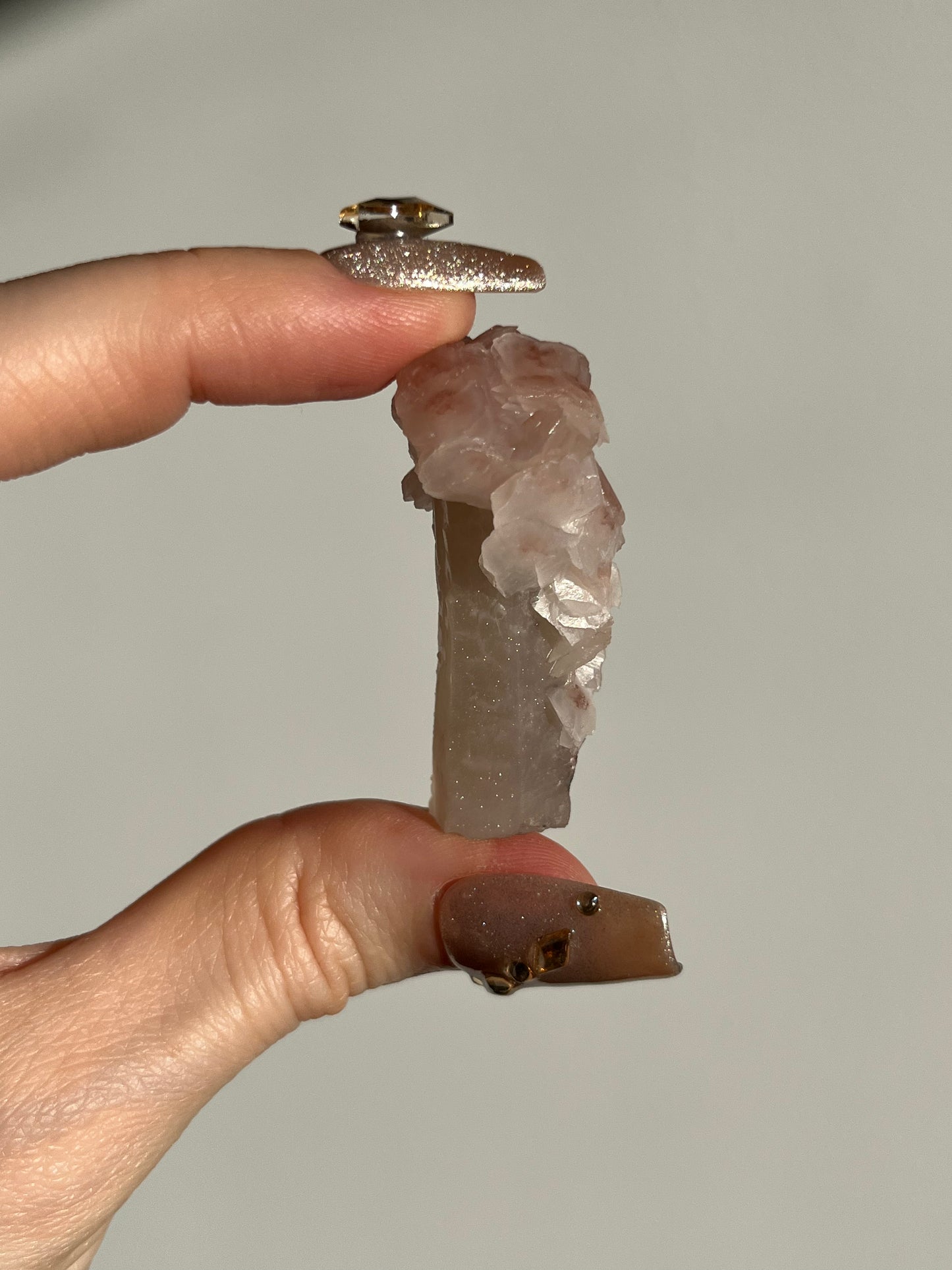 Pink Sakura Blossom Calcite on Quartz Specimen H