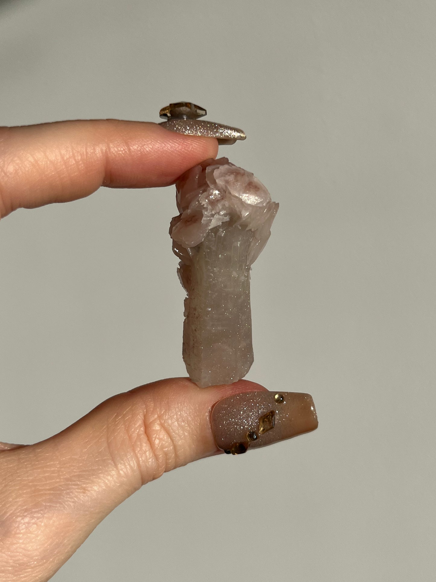 Pink Sakura Blossom Calcite on Quartz Specimen H
