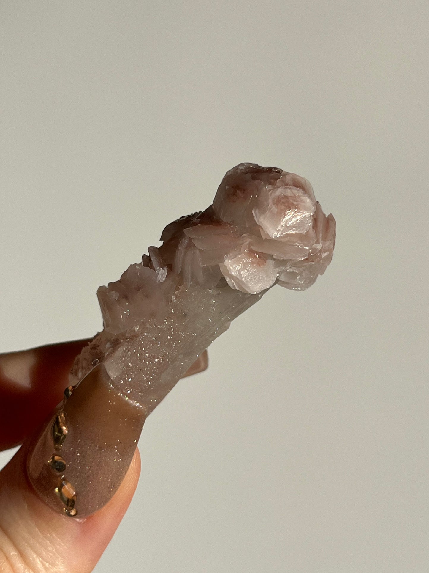 Pink Sakura Blossom Calcite on Quartz Specimen H