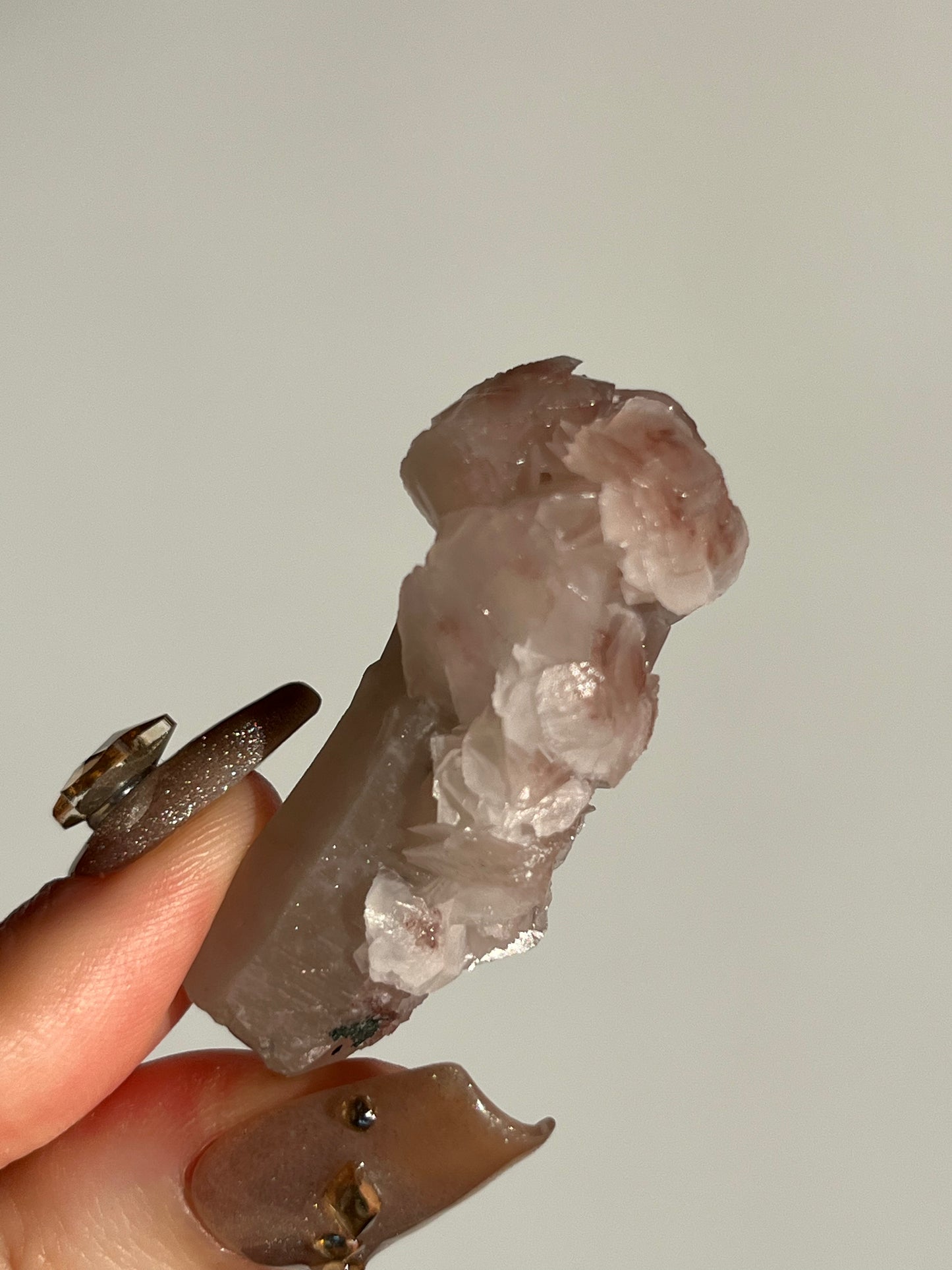 Pink Sakura Blossom Calcite on Quartz Specimen H