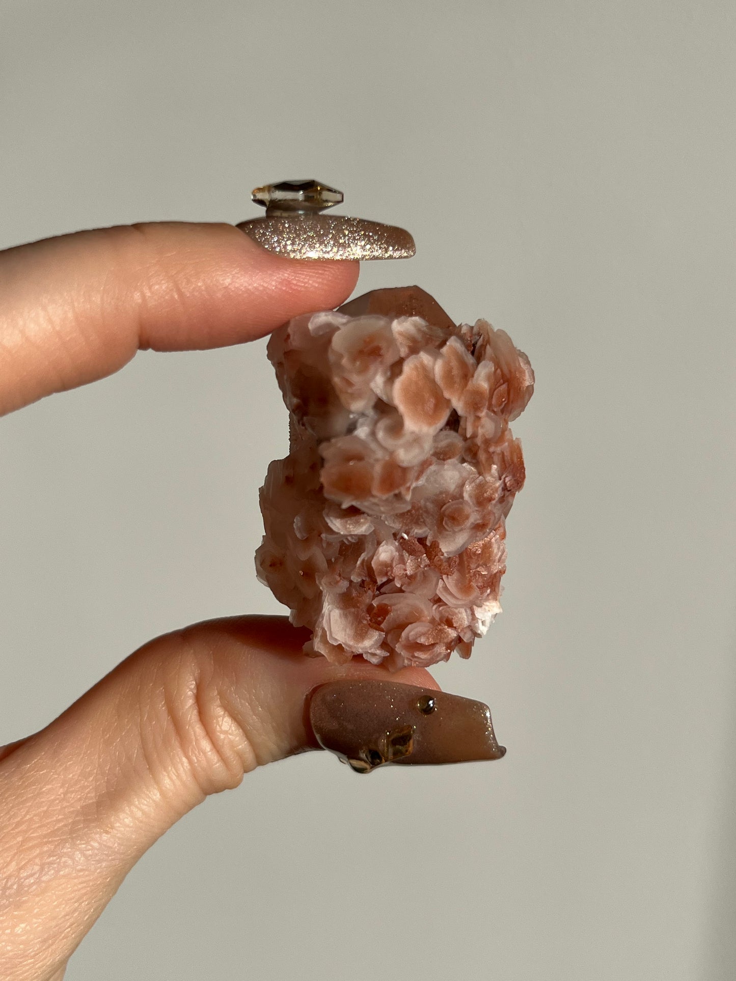 Peach Sakura Blossom Calcite on Elestial DT Quartz Specimen J