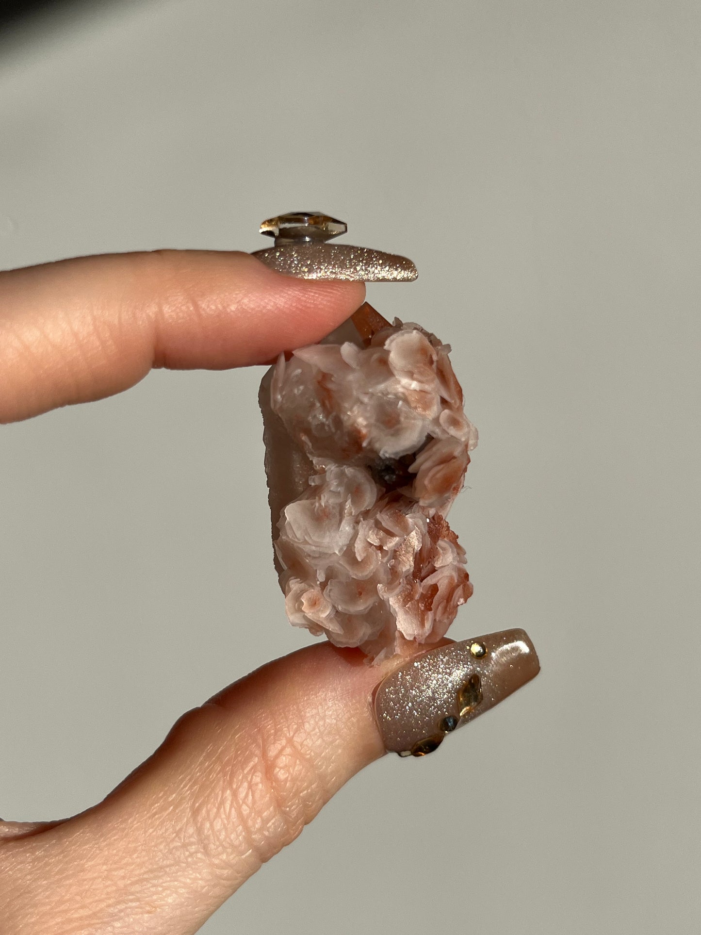 Peach Sakura Blossom Calcite on Elestial DT Quartz Specimen J