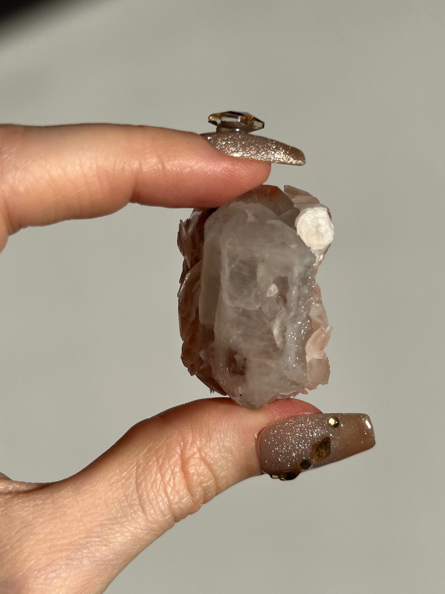 Peach Sakura Blossom Calcite on Elestial DT Quartz Specimen J