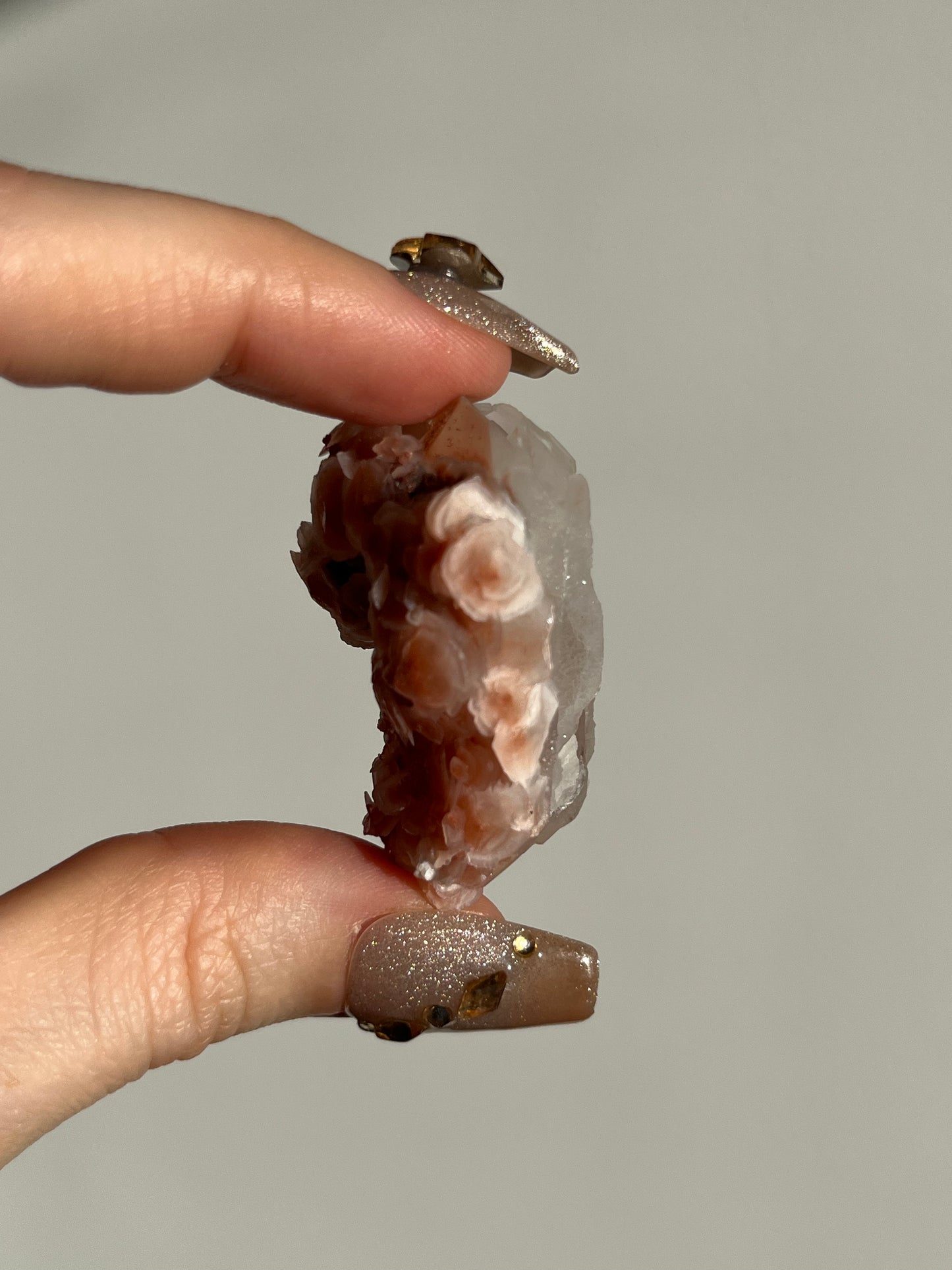 Peach Sakura Blossom Calcite on Elestial DT Quartz Specimen J