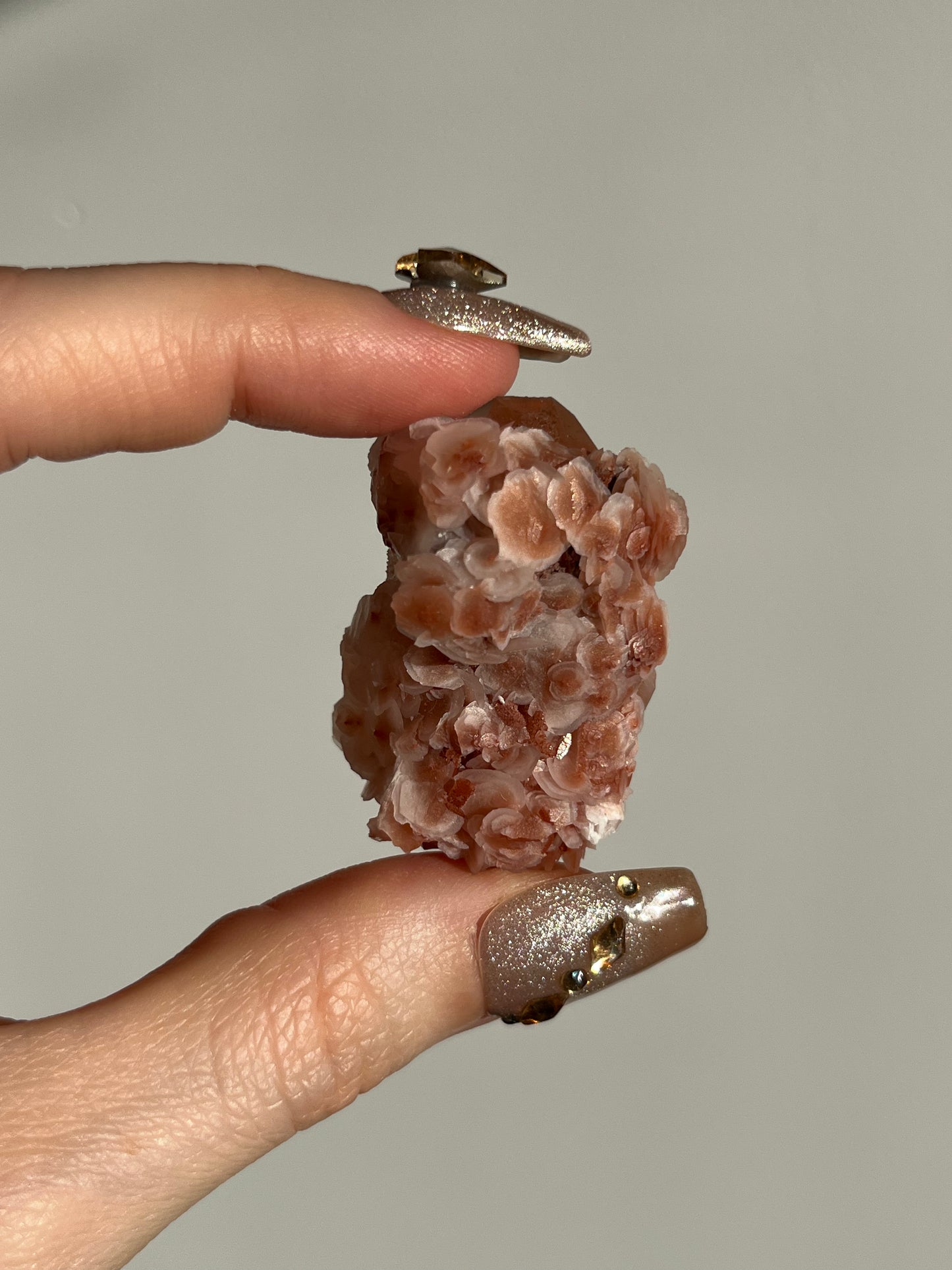 Peach Sakura Blossom Calcite on Elestial DT Quartz Specimen J