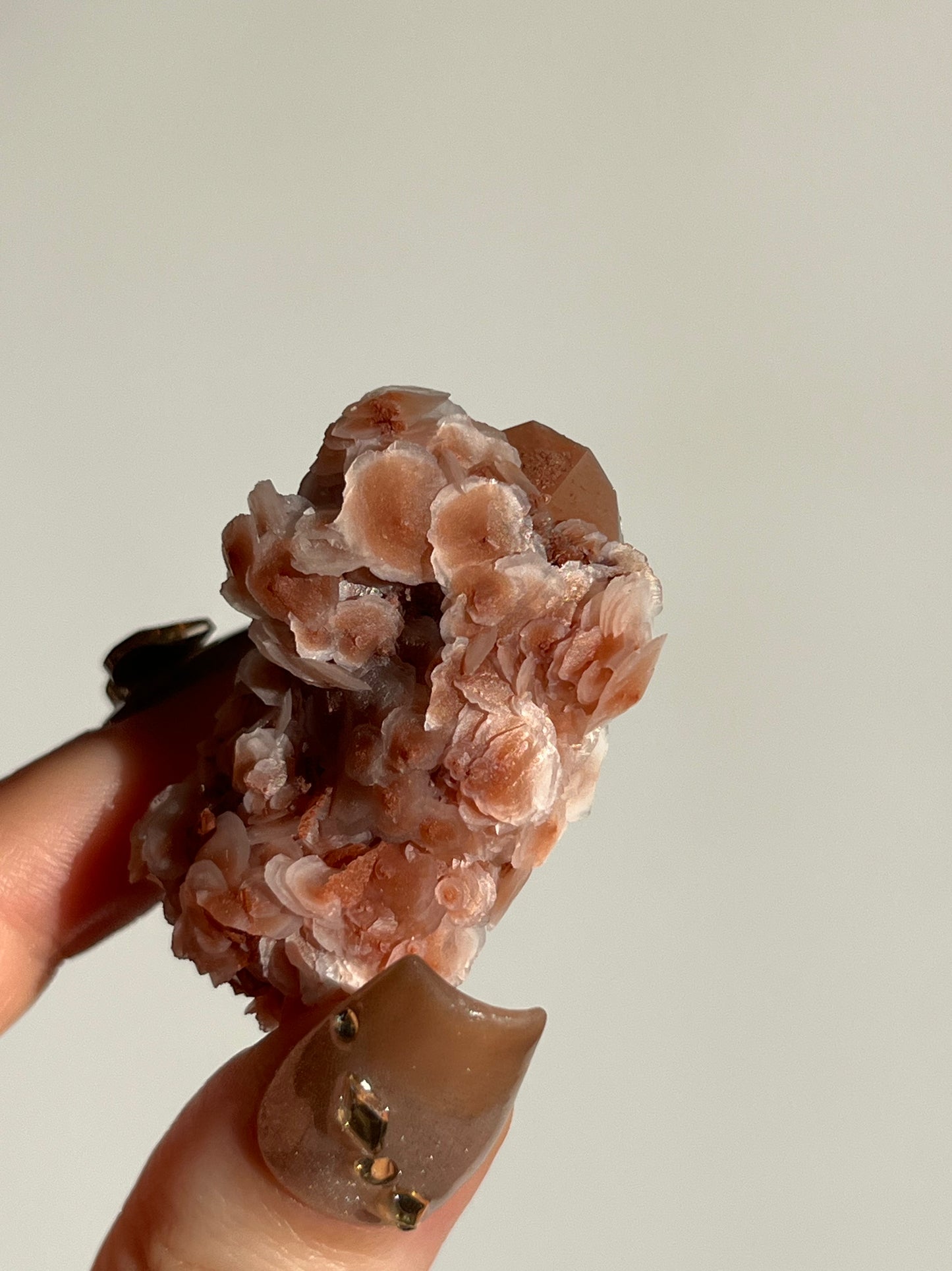 Peach Sakura Blossom Calcite on Elestial DT Quartz Specimen J